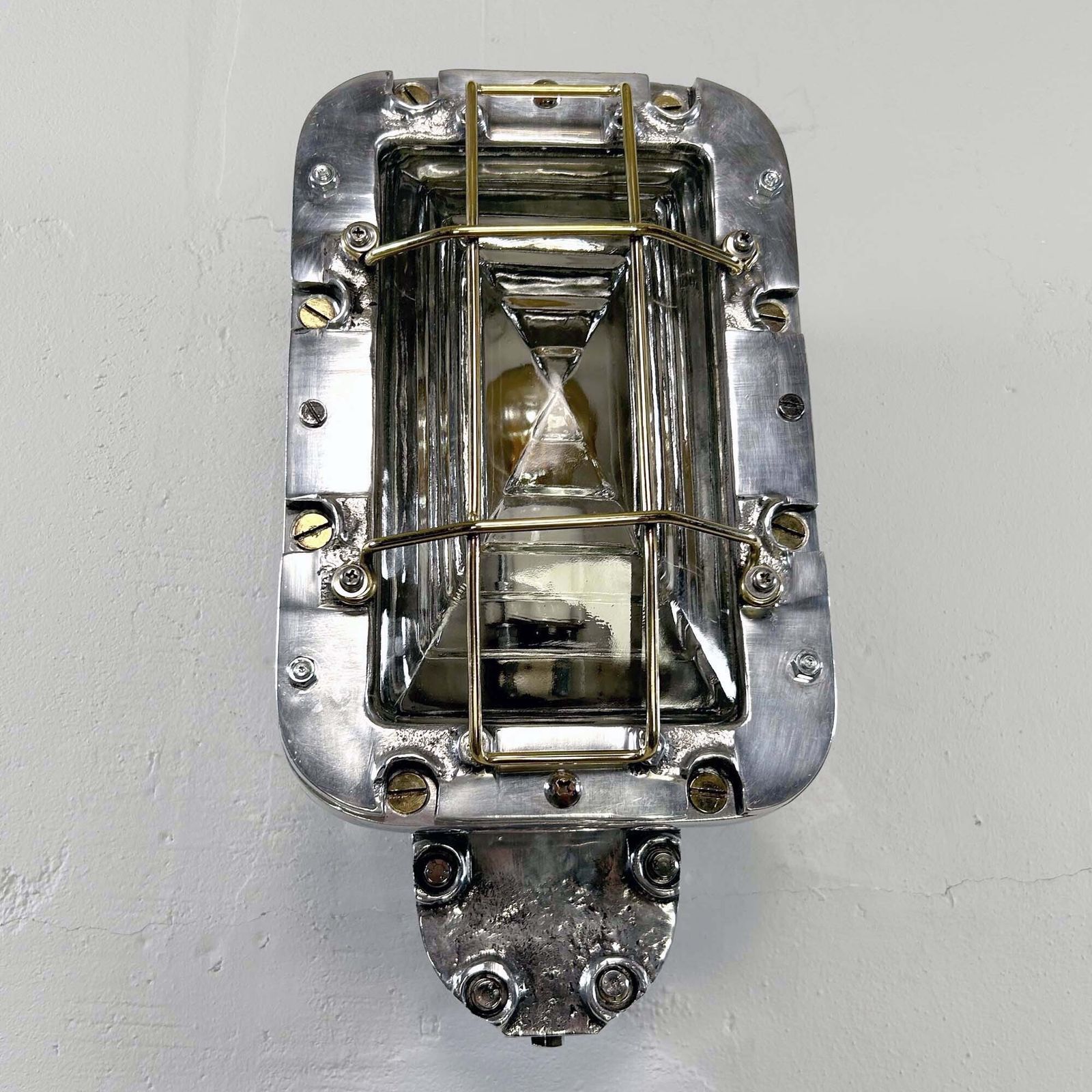 Large Industrial Rectangular Aluminium Wall Light With Brass Cage photo for sale