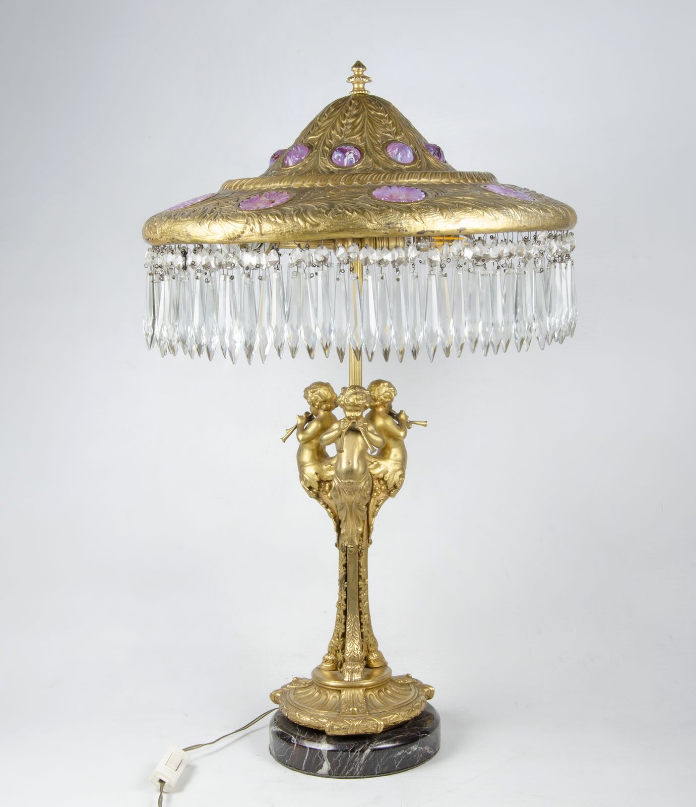 19th Century Louis XVI Style Gilt Bronze Sculptural Table Lamp With Pink Glass Accents, France