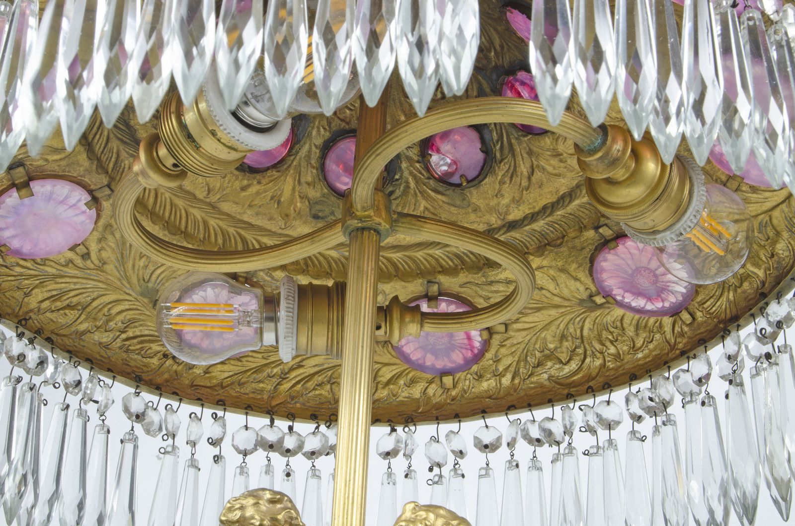 19th Century Louis XVI Style Gilt Bronze Sculptural Table Lamp With Pink Glass Accents, France photo buy
