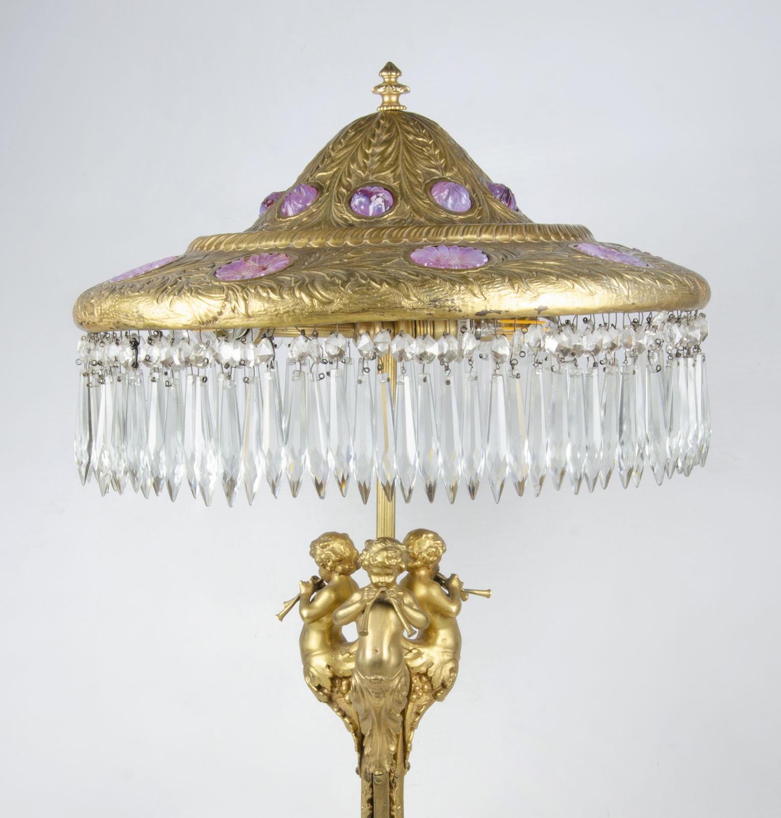 photo furniture 19th Century Louis XVI Style Gilt Bronze Sculptural Table Lamp With Pink Glass Accents, France