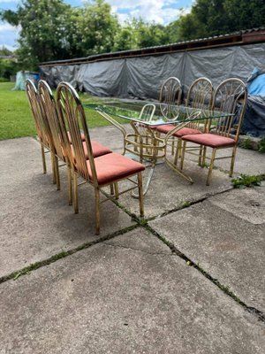 Italian Brass Dining Table And Chairs, 1970s, Set Of 7 photo vintage