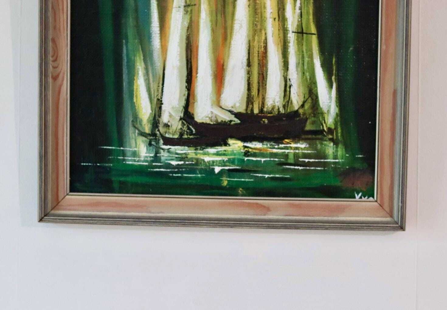 Mid 20th Century Original Oil On Canvas – Boats –  Vintage & Framed, 49 X 49 Cm / 19.3 X 19.3 In photo for sale