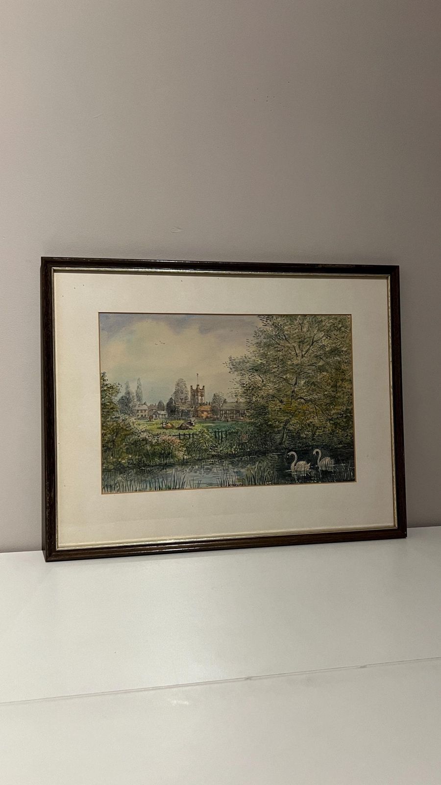 Elegant Mid Century Signed Watercolour Of An English Village Landscape With Swans And Church Tower