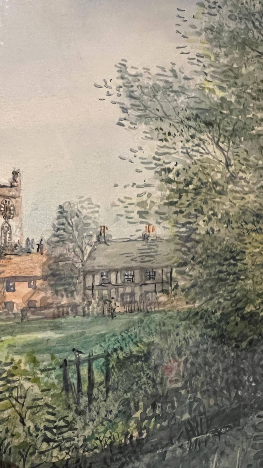 Elegant Mid Century Signed Watercolour Of An English Village Landscape With Swans And Church Tower photo vinterior