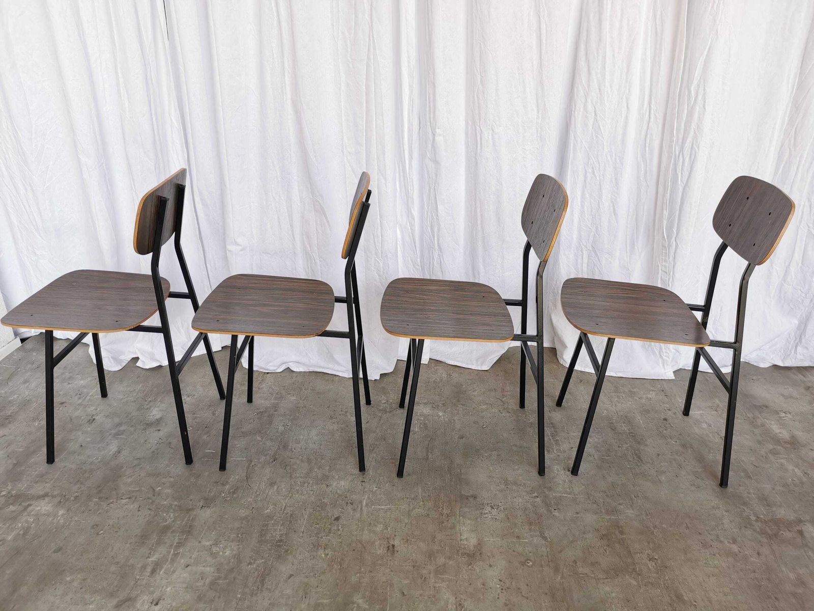 Set Of 4 Vintage School Chairs / Retro Dining Chairs By Stol Kamnik / 1970s Yugoslavia / Industrial Dark Brown Wood And Metal Base photo vinterior