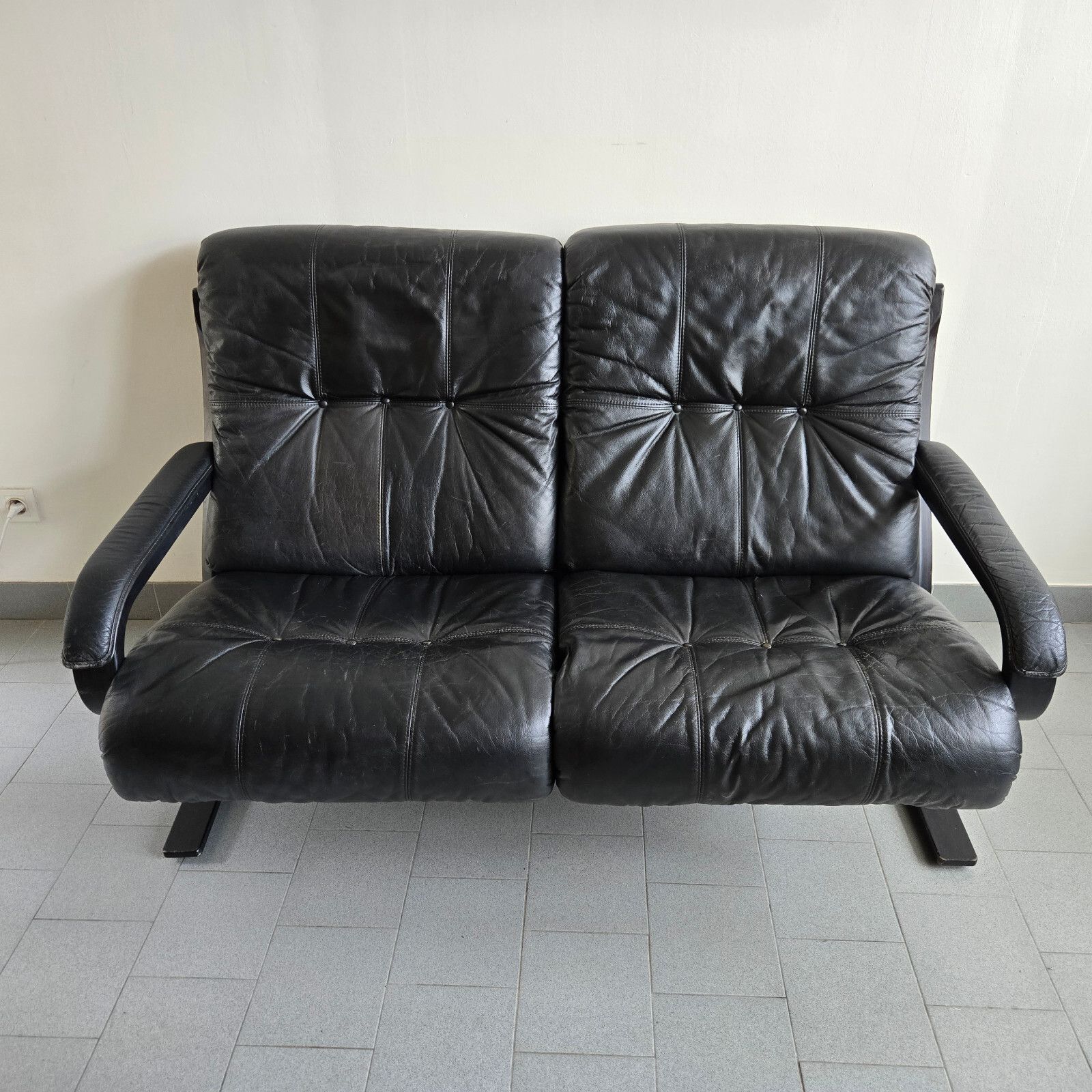 Vintage 1970 Scandinavian 2 Seater Sofa Black Leather & Wood Curved 70s 1970 photo furniture