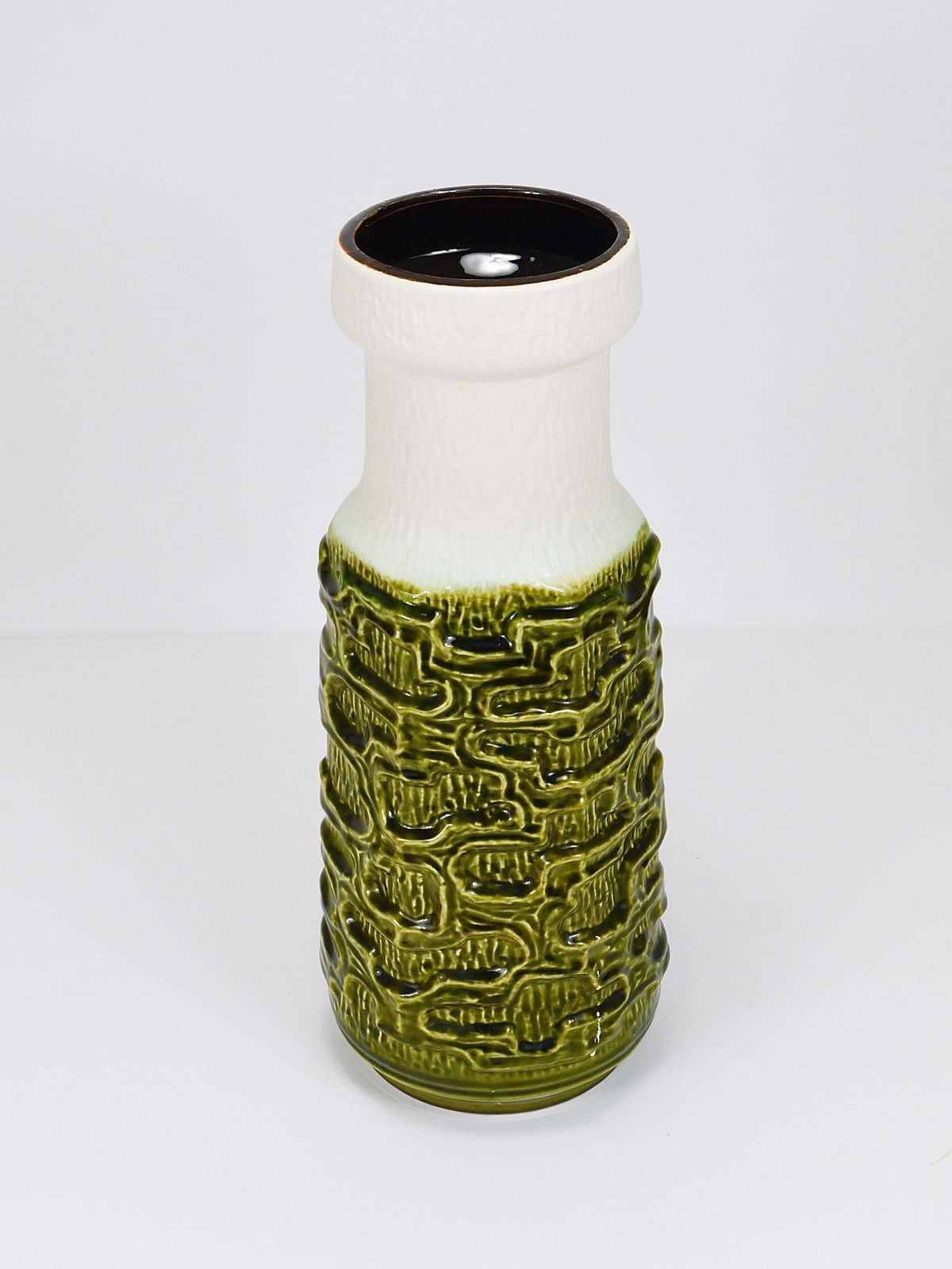 photo for sale Tall Brutalist Op Art Green & White Terracotta Floor Vase, Austria, 1970s