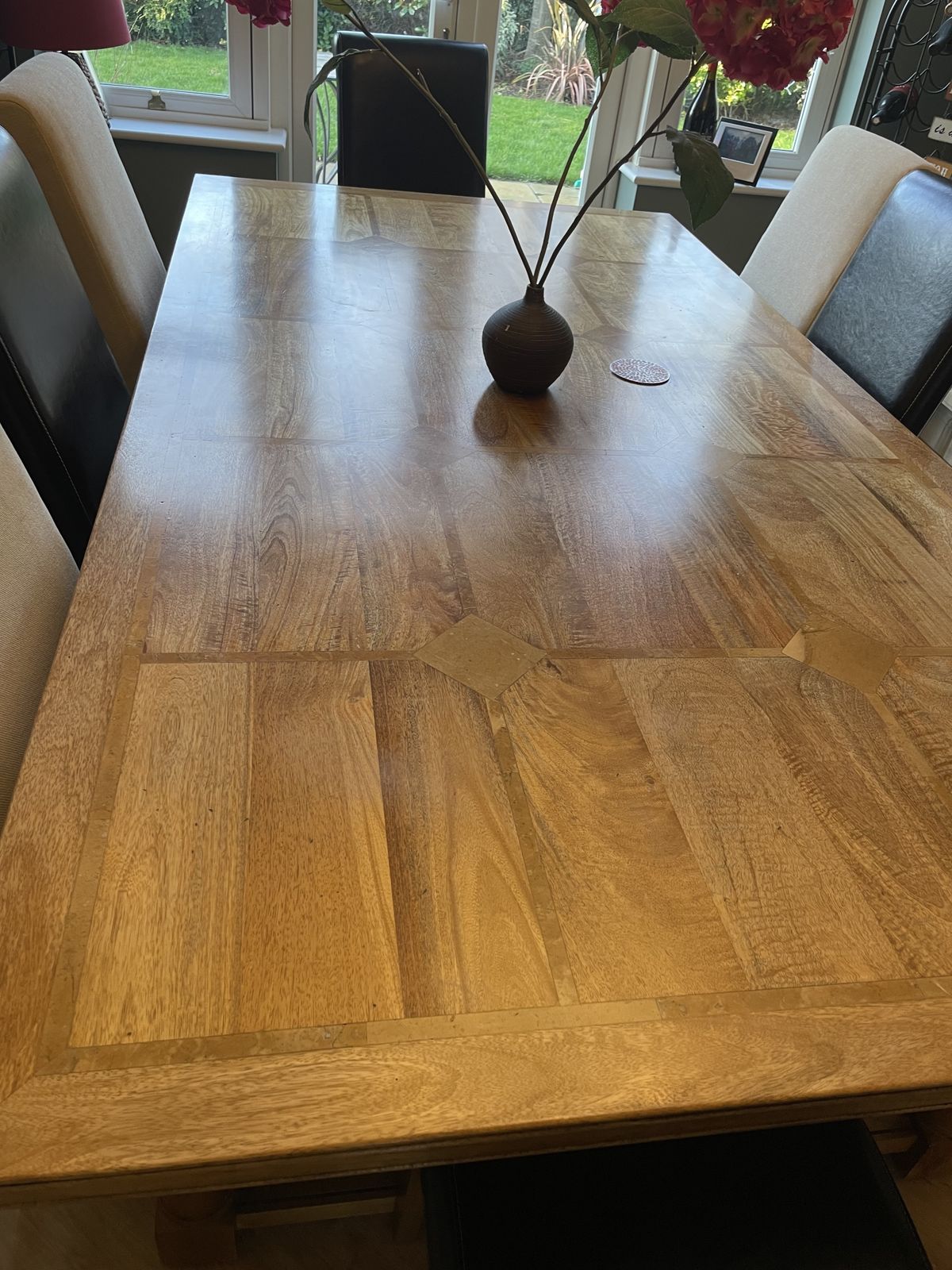 Barker And Stonehouse Solid Fruitwood Dining Table With Inlay Wood Design And 8 Chairs  Four Leather Finish And 4 Cream Fabric photo furniture