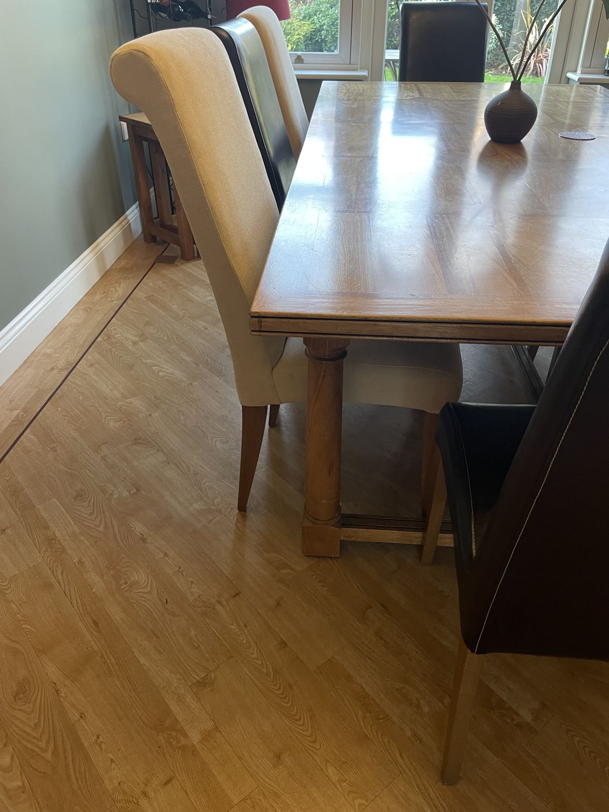 Barker And Stonehouse Solid Fruitwood Dining Table With Inlay Wood Design And 8 Chairs  Four Leather Finish And 4 Cream Fabric photo Furniture