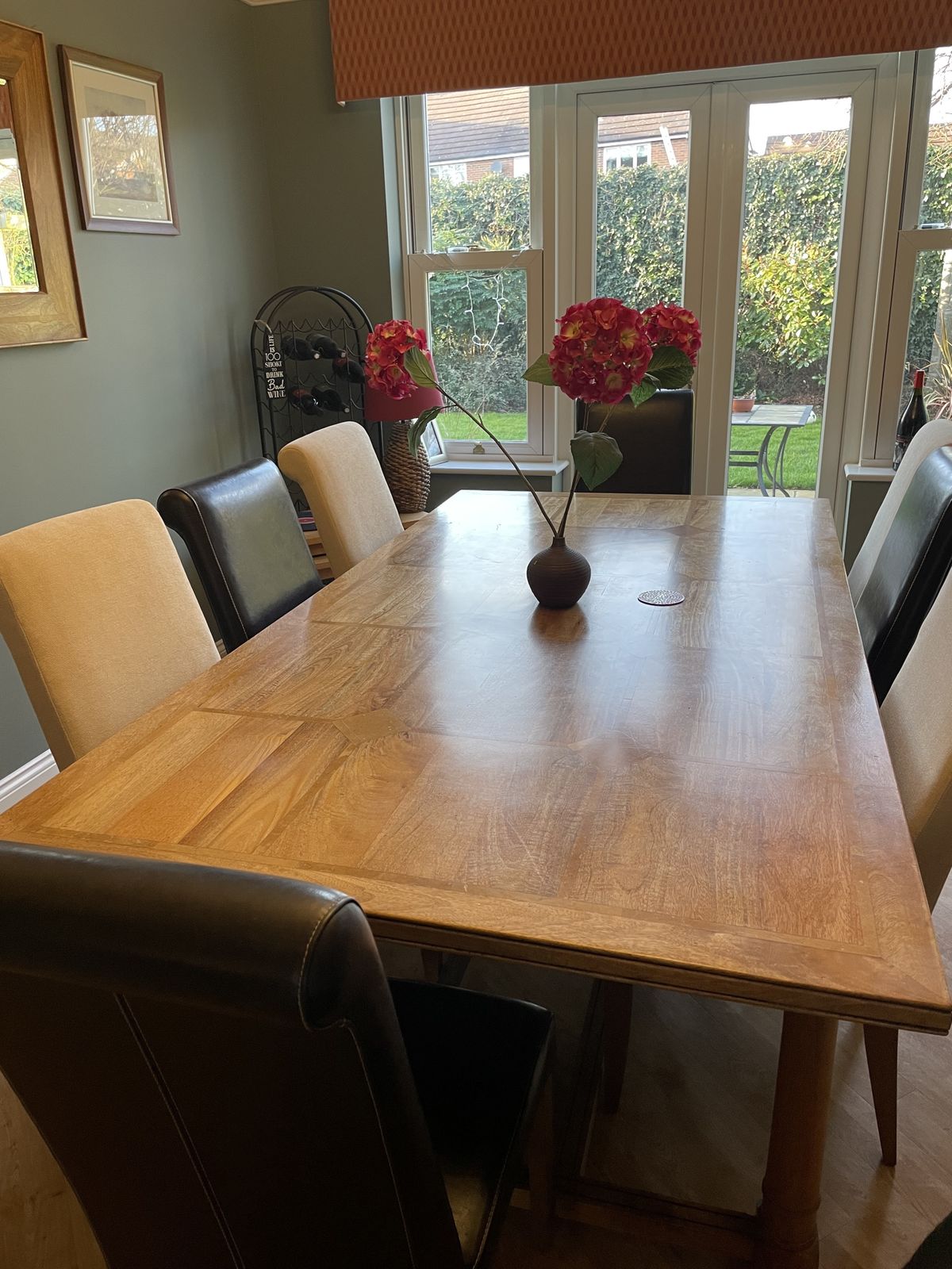 Barker And Stonehouse Solid Fruitwood Dining Table With Inlay Wood Design And 8 Chairs  Four Leather Finish And 4 Cream Fabric photo 800.0