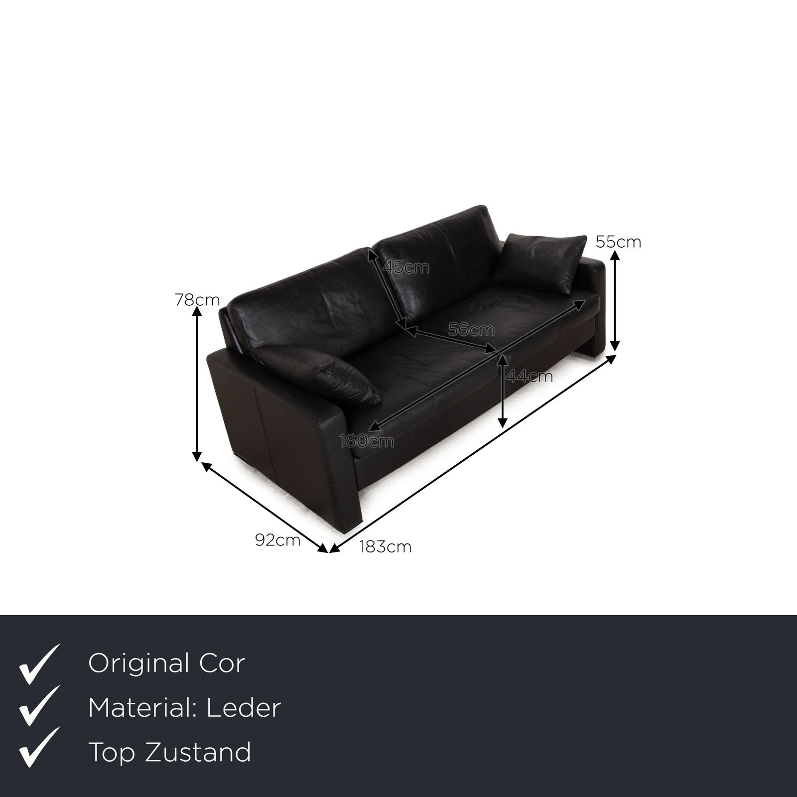 Cor Conseta Leather Two Seater Black Sofa photo furniture