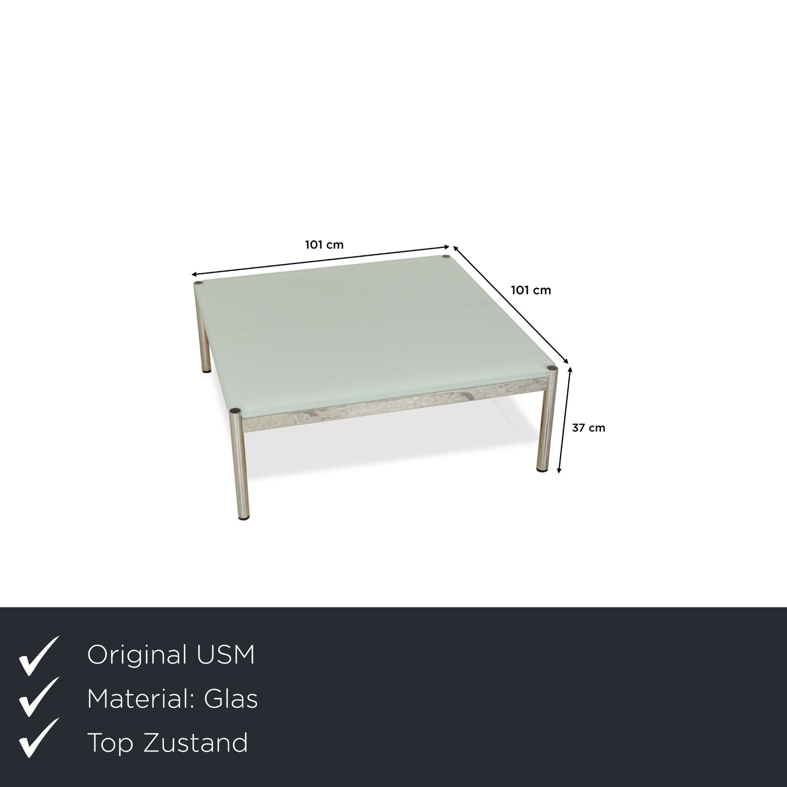 Table basse USM Haller en verre bleu, argentée, 101 x 101 cm photo furniture