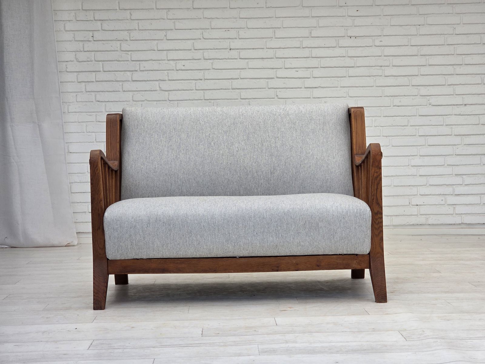 1950s, Scandinavian 2 Seater Sofa, Reupholstered, Furniture Wool, Oak. photo for sale