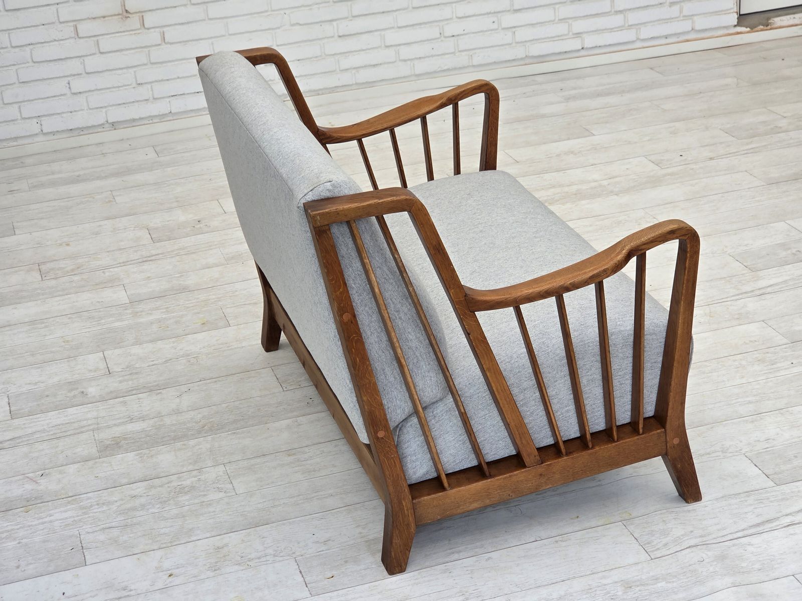 photo buy 1950s, Scandinavian 2 Seater Sofa, Reupholstered, Furniture Wool, Oak.