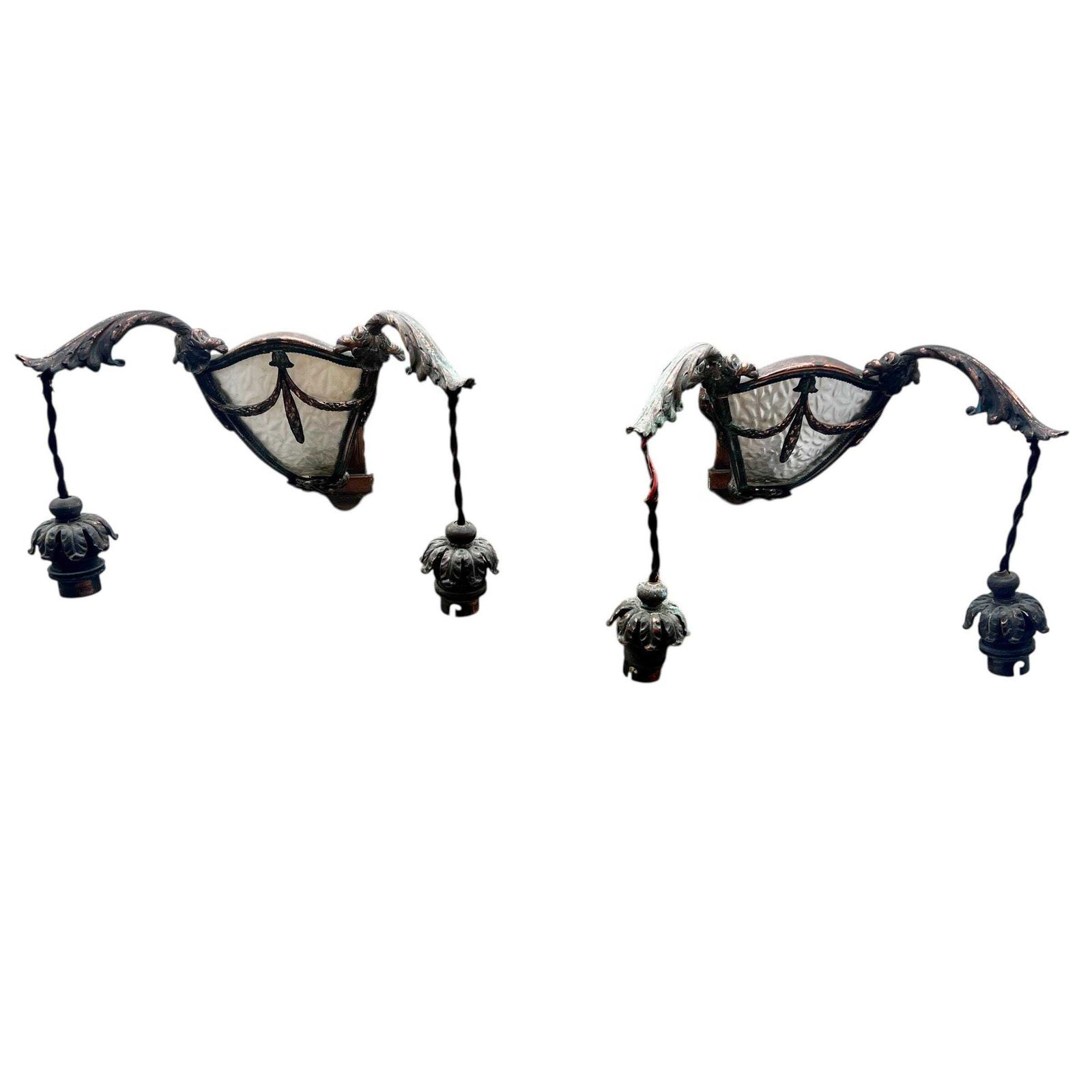Antique French Pair Of Copper Framed Art Deco Wall Sconces With Frosted Glass   Wall Lights   Atelier Petitot   Home Decor