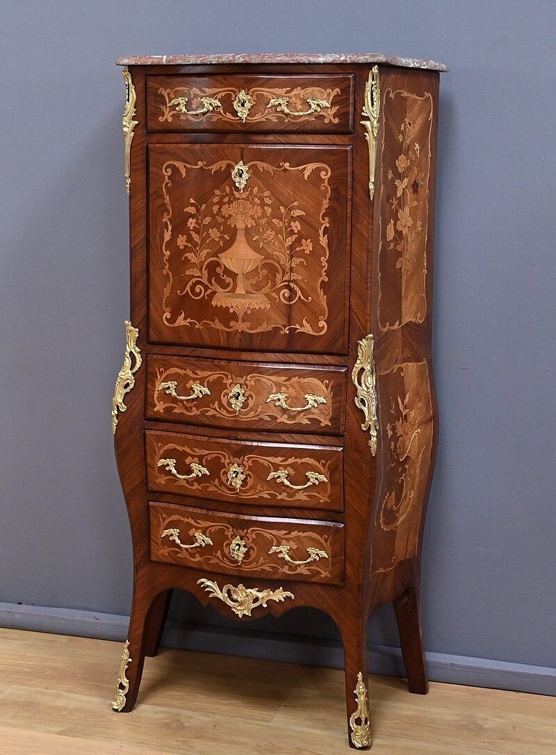 Secretary In Precious Wood Marquetry, Transition Style, Napoleon III Period – Mid 19th Century photo vintage