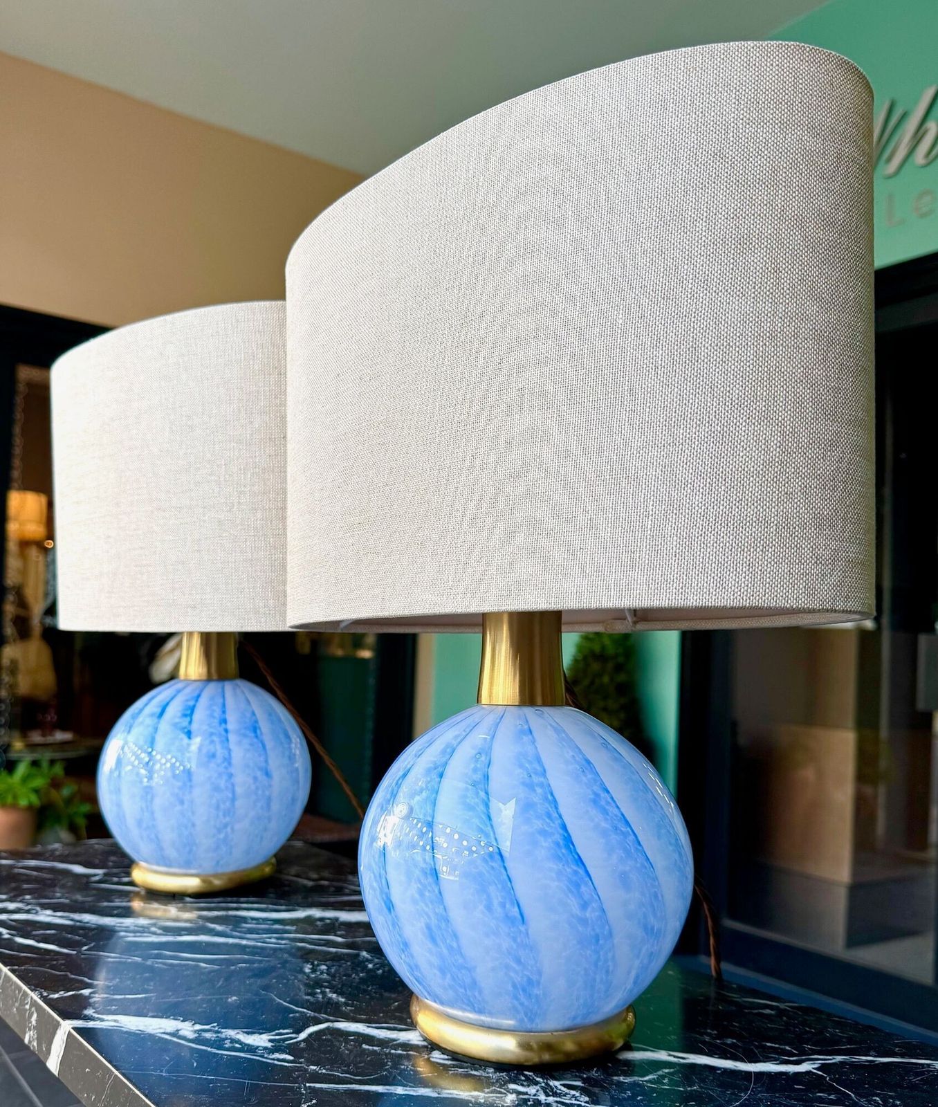 A Lovely Pair Of 1960s Blue Murano Glass And Brass Lamps By La Murrina photo furniture