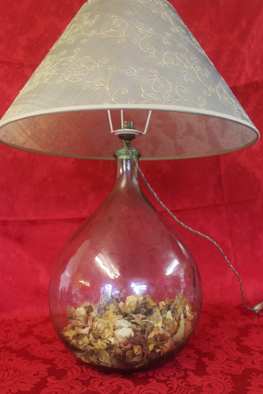 French Unique Large Glass Round Shape Lamp With Cream Shade 60 X 47cm Desk Table