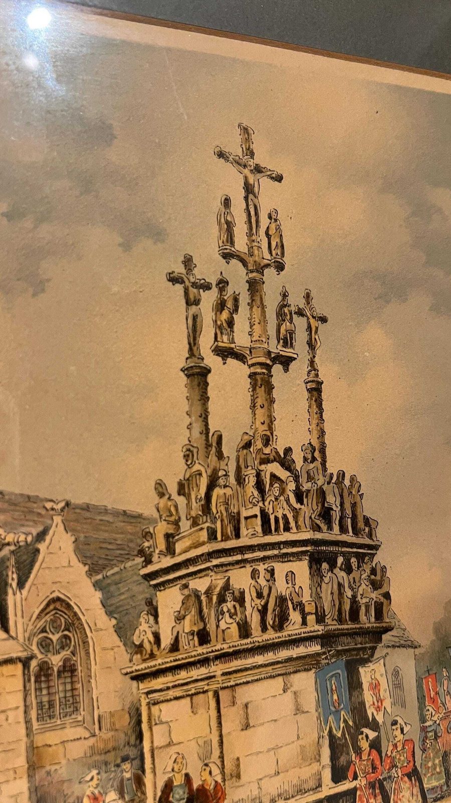 1930s French Lithograph “Calvaire De Plougonnec” By Baugé – Brittany Religious Procession Scene photo vinterior