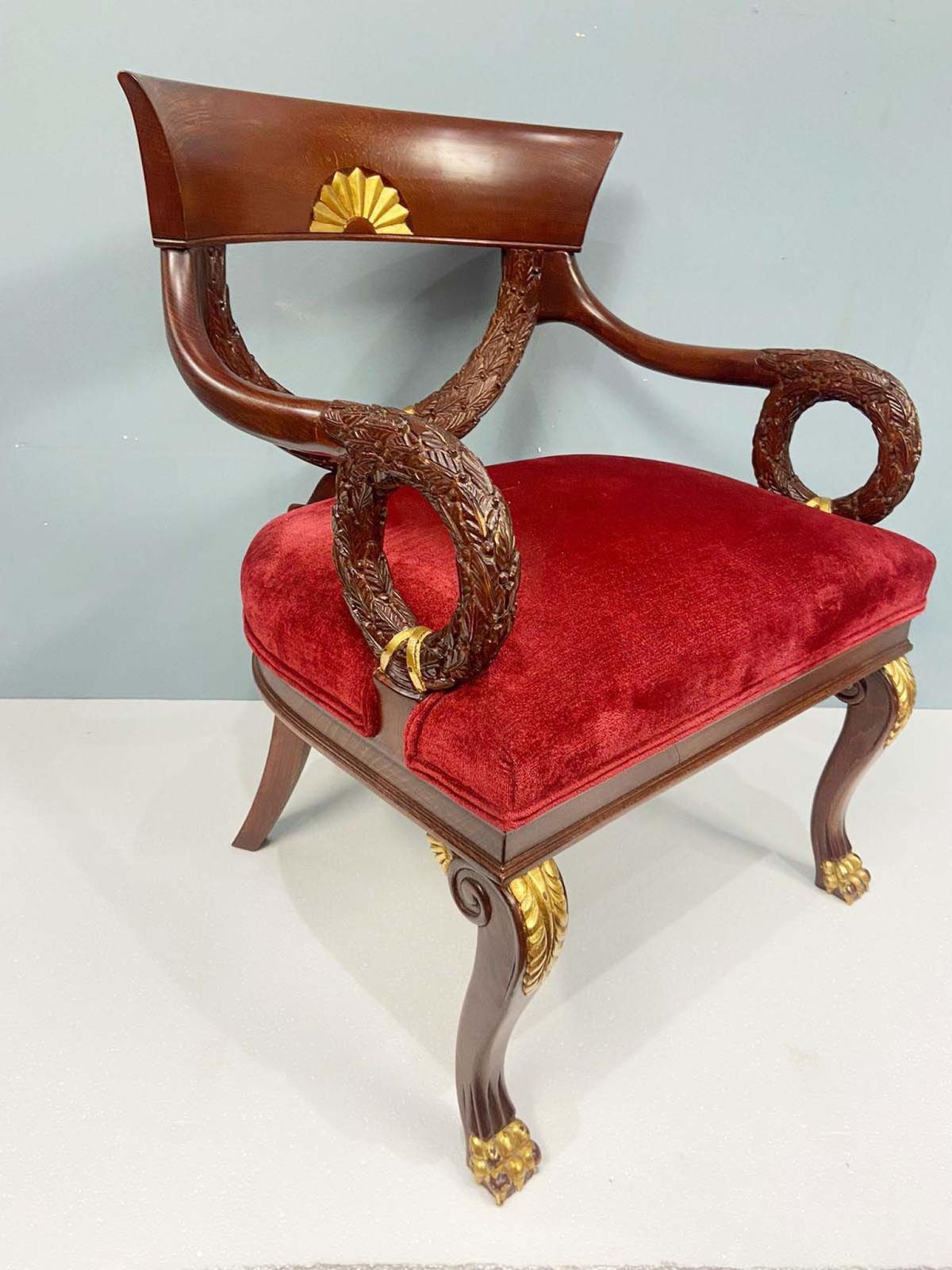 Pair Regency Arm Chairs Carved Mahogany Gilt Revival photo 1150.0