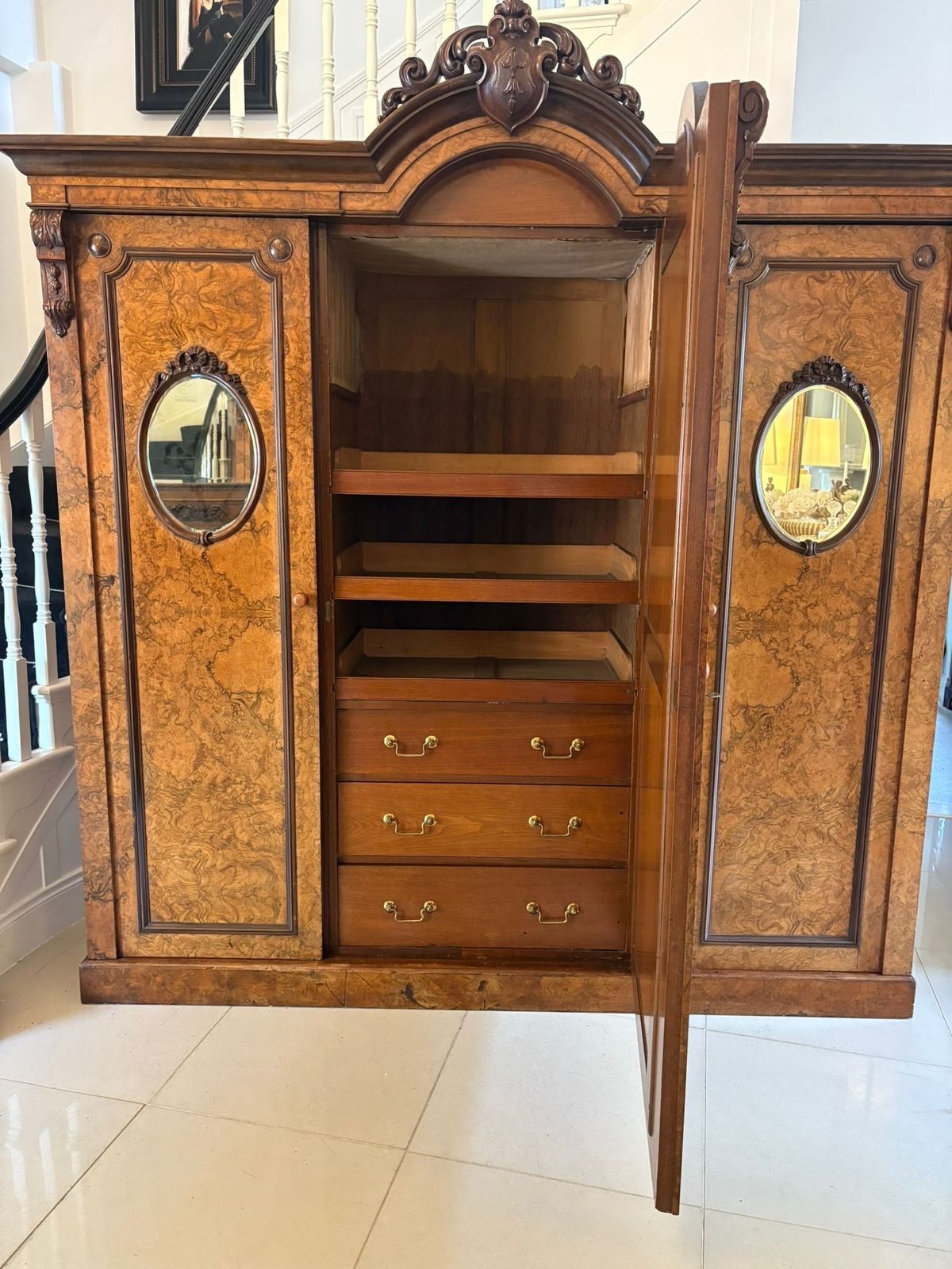 Outstanding Quality Large Antique 19th Century Unusual Carved Burr Walnut Wardrobe photo furniture