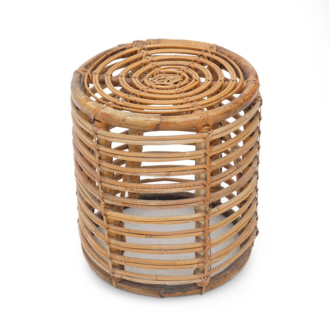 Cylindrical Pouf In Curved Rattan By Castano, 1960s