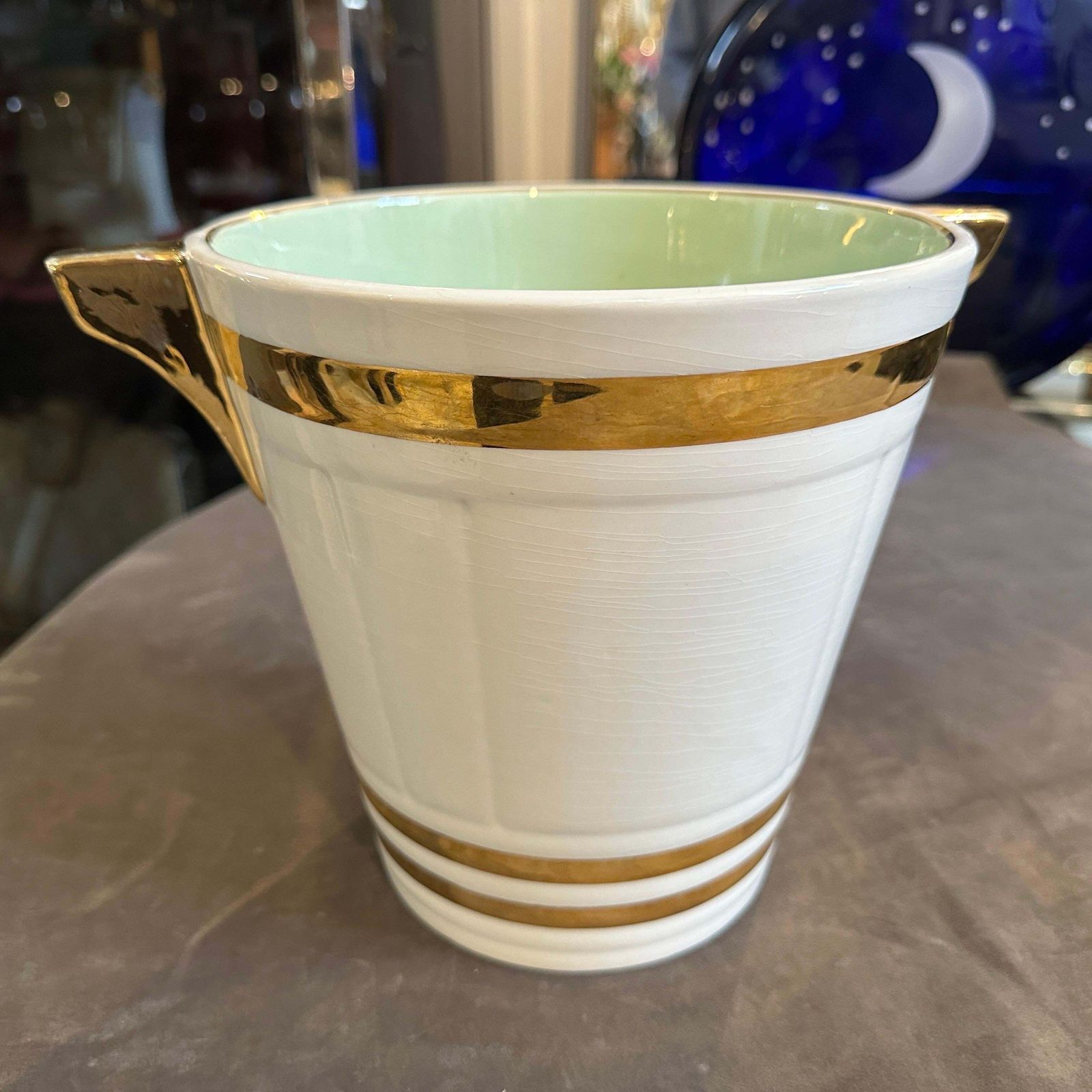 Home Decor 1930s Art Deco White And Gold Ceramic French Champagne Cooler By Sarreguemines photo