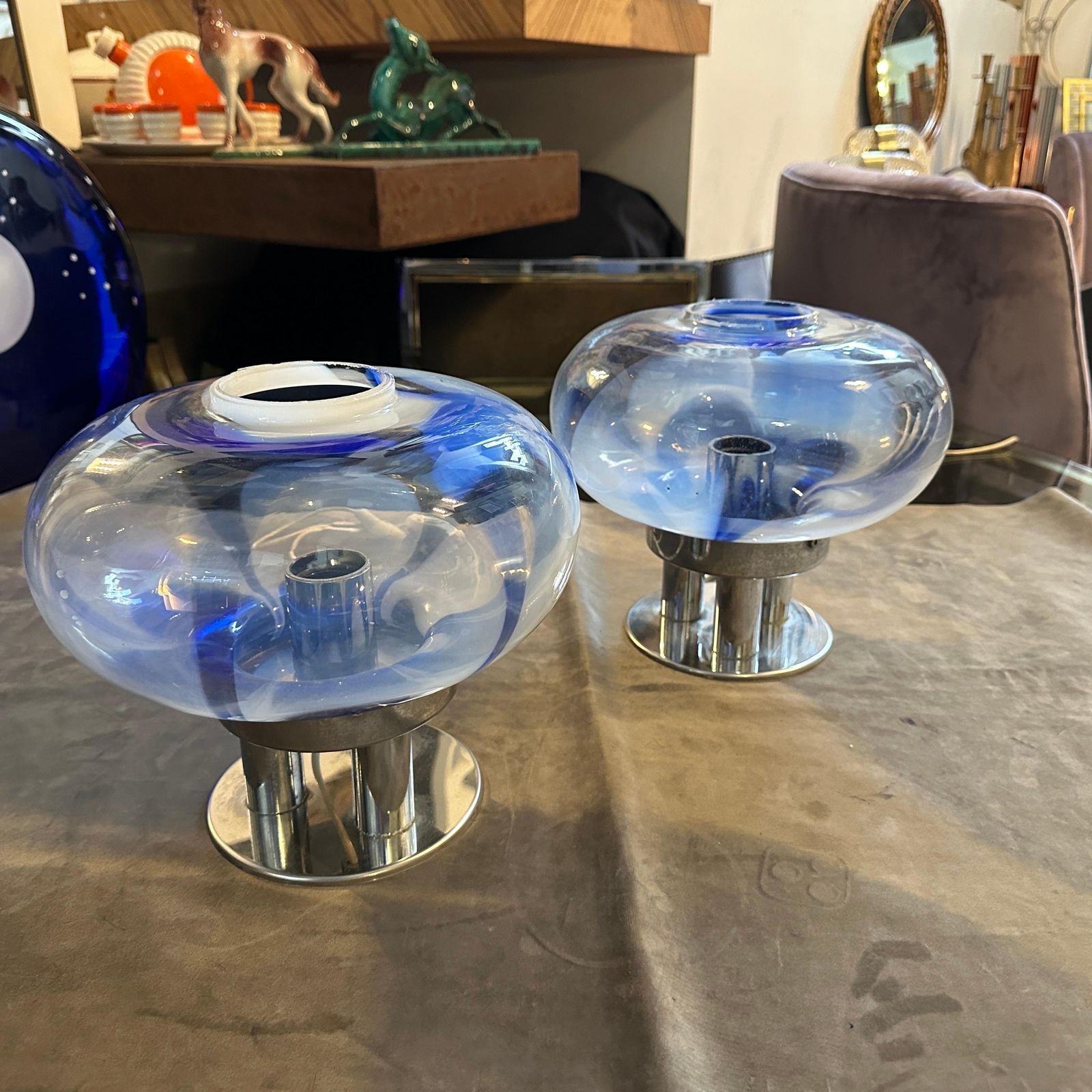 photo for sale Two 1970s Space Age Murano Glass And Steel Table Lamps By Mazzega