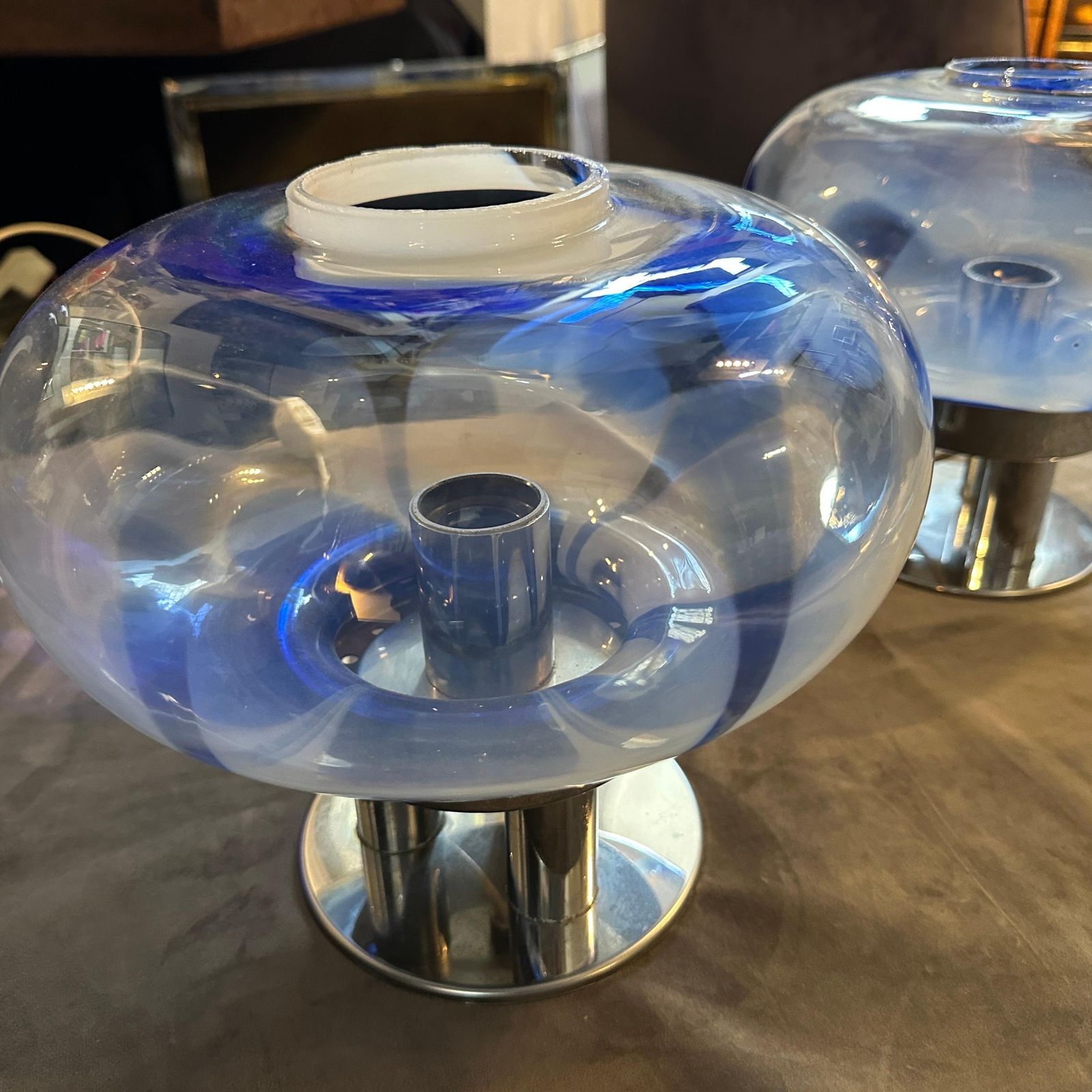 Lighting Two 1970s Space Age Murano Glass And Steel Table Lamps By Mazzega photo