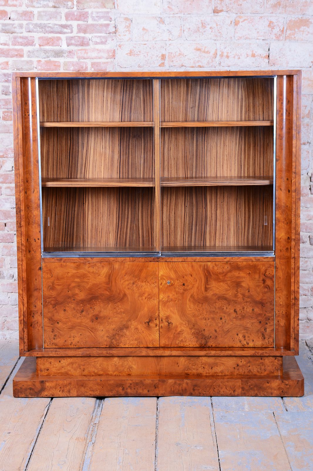 Restored Art Deco Bookcase, Elm, Mahogany, Zebrano, Polished, France, 1920s photo furniture