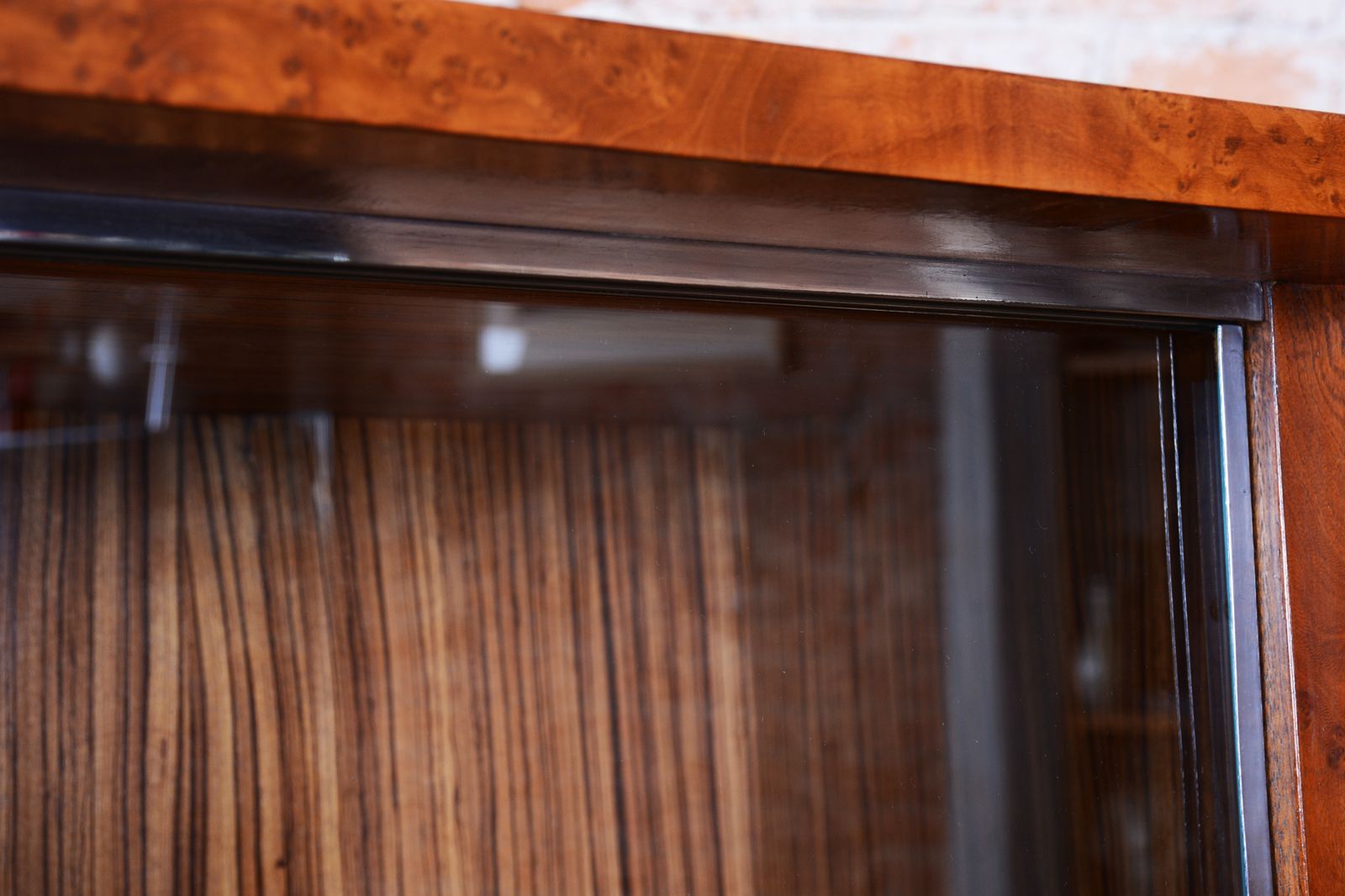 photo vinterior Restored Art Deco Bookcase, Elm, Mahogany, Zebrano, Polished, France, 1920s