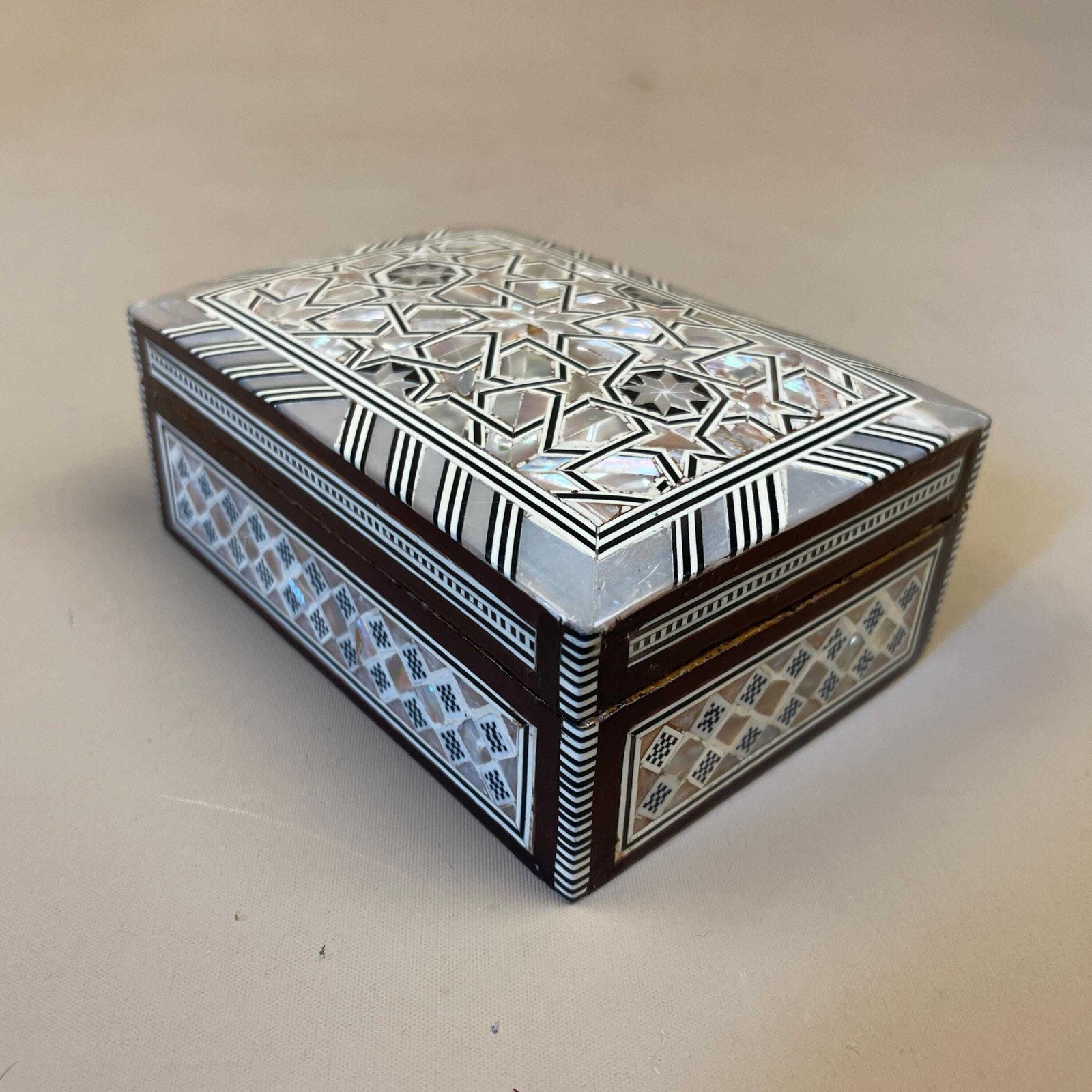 Vintage Wooden Mother Of Pearl Inlay Box Trinket Jewellery Middle Eastern Red Lining Rectangle photo buy