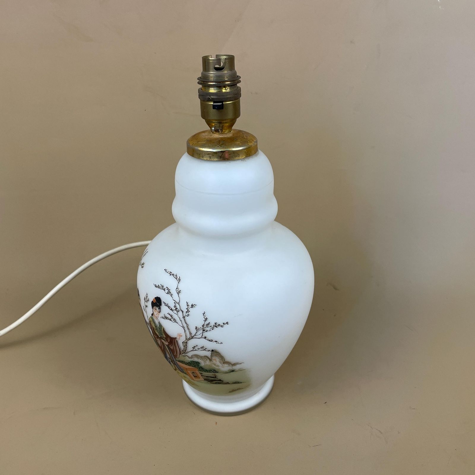 Vintage Oriental Antique Fine Glass Lamp Light Bedside Table Hand Painted White Asian Vase Vintage Brass Metal Gold Geisha Japanese photo for sale