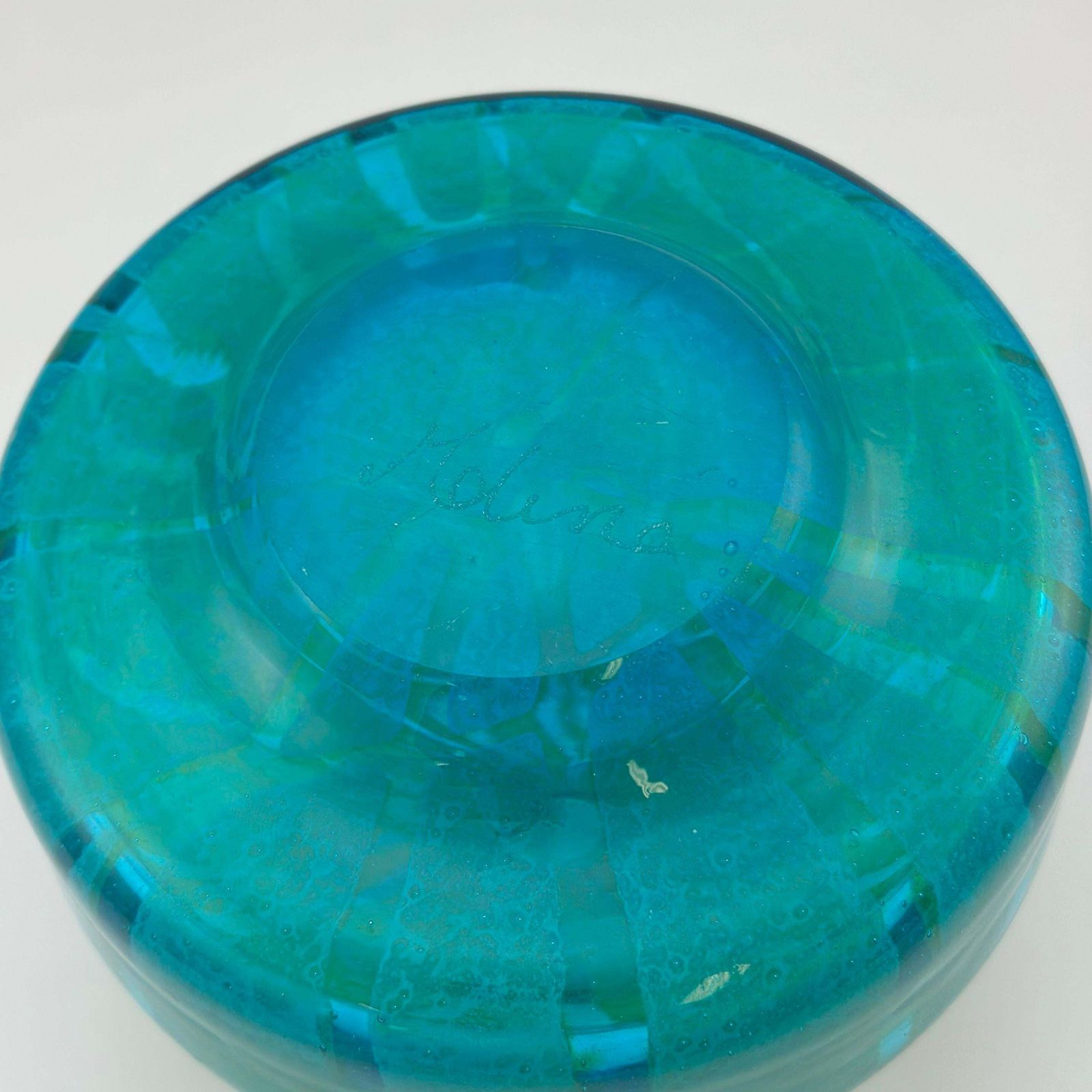 Squat Bottle Vase, Turquoise And Green, Ming Pattern, Mdina Glass, Malta, 1970s photo vinterior