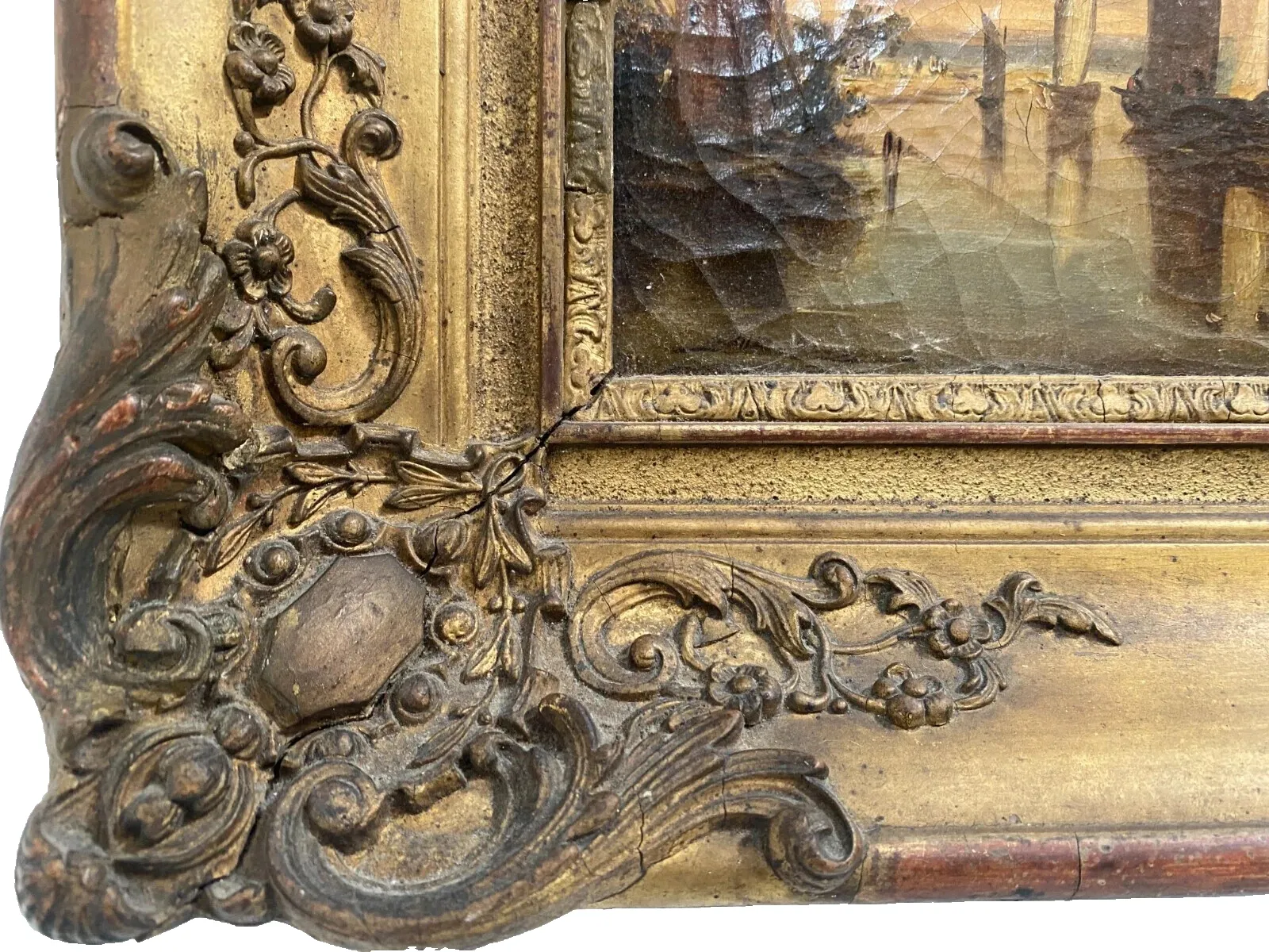 Oil On Canvas "Animate Landscape" Wooden Frame And Gilded Stucco 19th Century photo 828.75