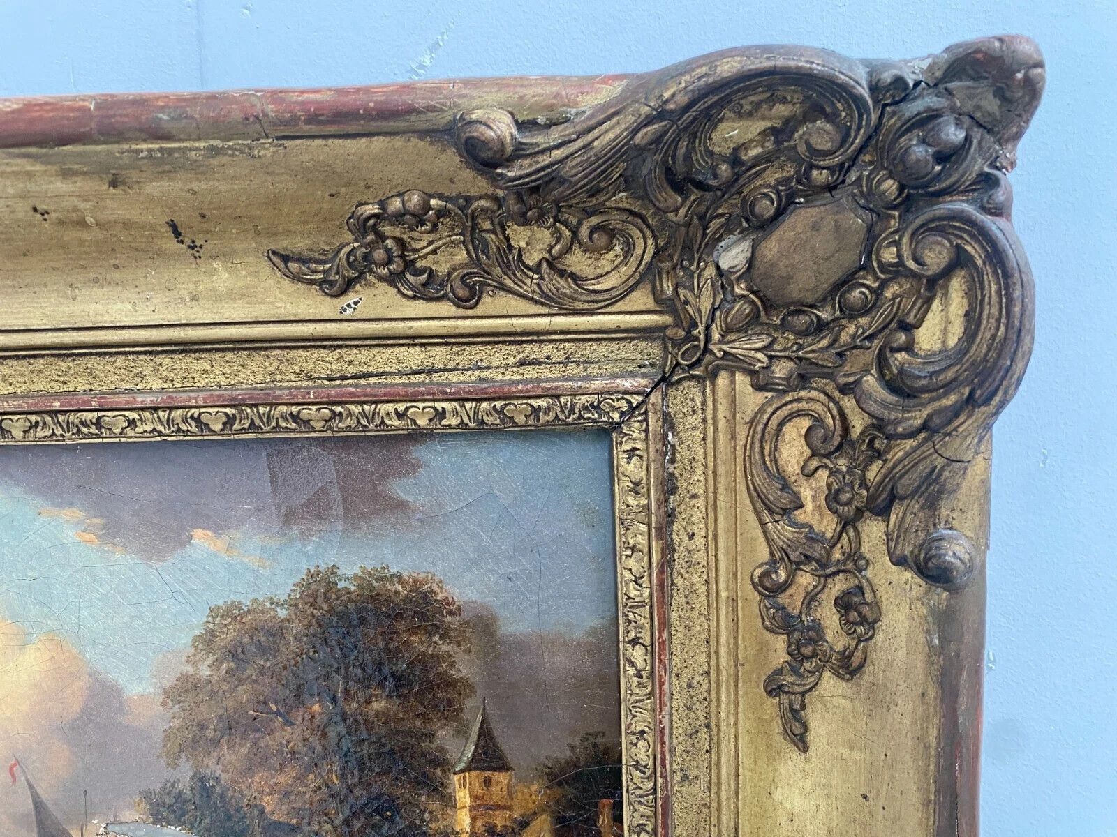 photo vinterior Oil On Canvas "Animate Landscape" Wooden Frame And Gilded Stucco 19th Century
