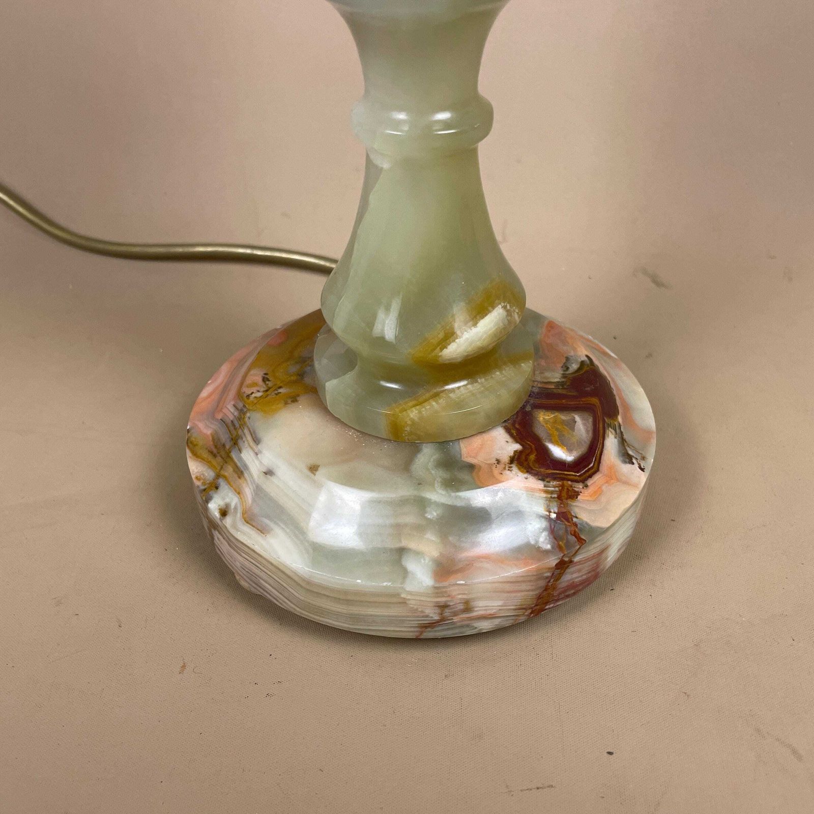 Vintage Marble Stone Lamp Green Brown Large Tall Light Table Desk Lamp Beautiful Colours Natural Patterns Ornate Round Base Onyx Brass Top photo vinterior