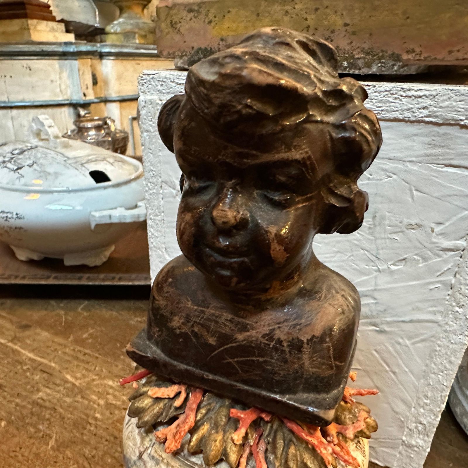 A Baroque Revival Wood Bust Of A Putto On A Fake Marble Lacquered Wood Base photo Art