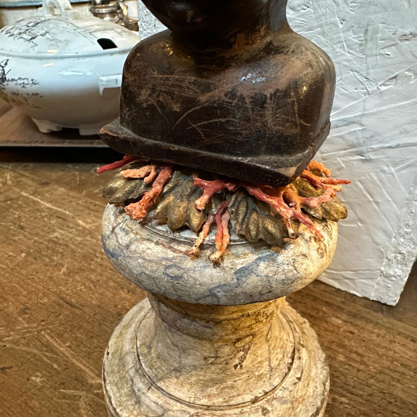 348.0 A Baroque Revival Wood Bust Of A Putto On A Fake Marble Lacquered Wood Base photo