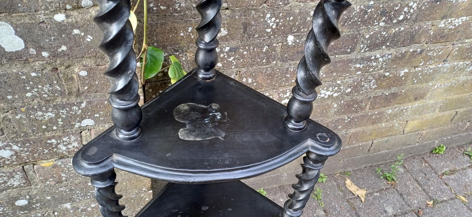 Antique Black Lacquered Effect Corner étagère With Barley Twist Legs 4 Tier Victorian Gothic Display Shelf Unit | Ornate Carved Top Wot Not photo furniture