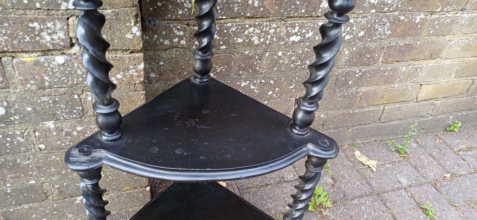 Antique Black Lacquered Effect Corner étagère With Barley Twist Legs 4 Tier Victorian Gothic Display Shelf Unit | Ornate Carved Top Wot Not photo Furniture