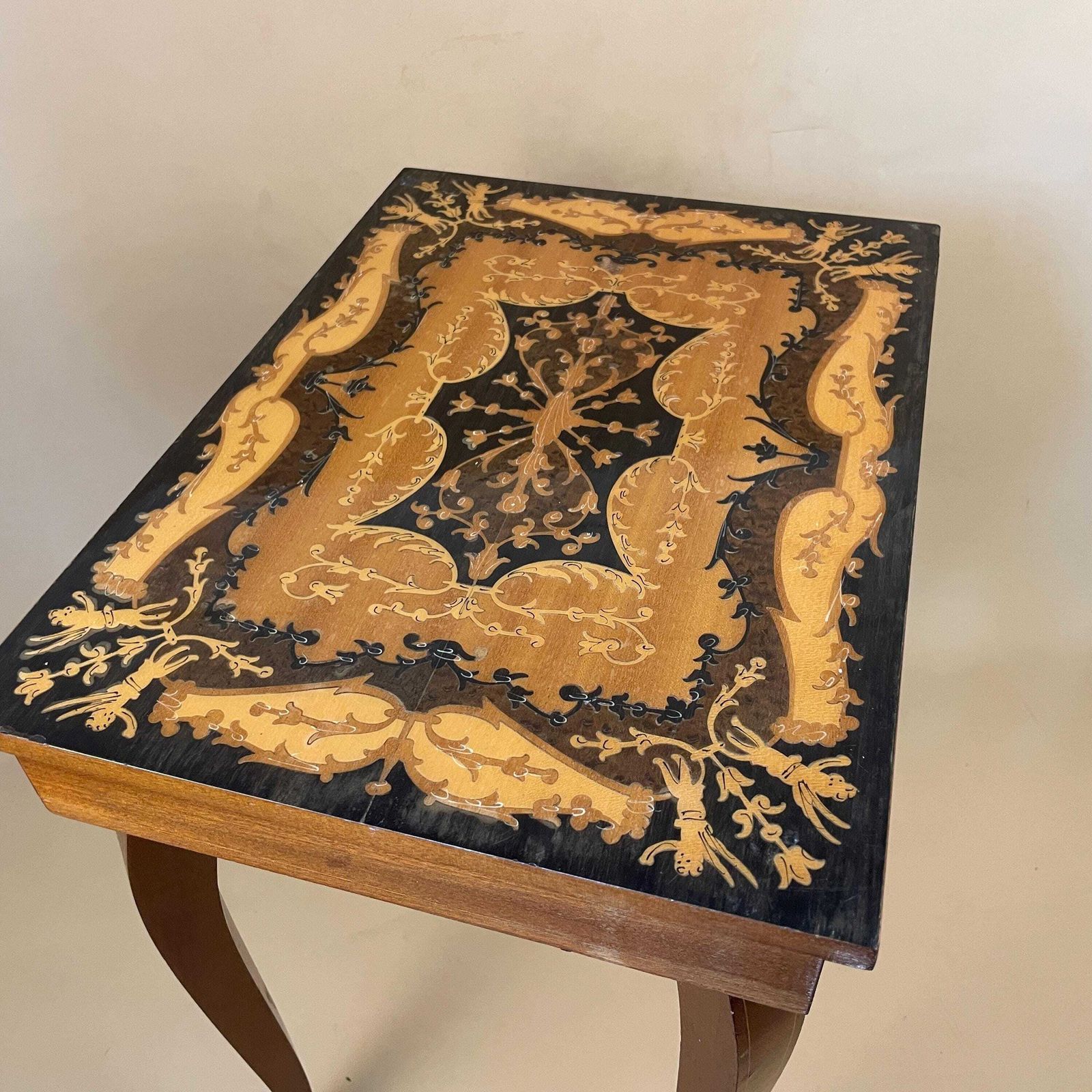 Antique Wooden Table Vintage Wood Side Musical Swiss Marquetry Patterned Reuge Side Coffee Console Hallway Plant Stand Rectangle Varnished photo Furniture