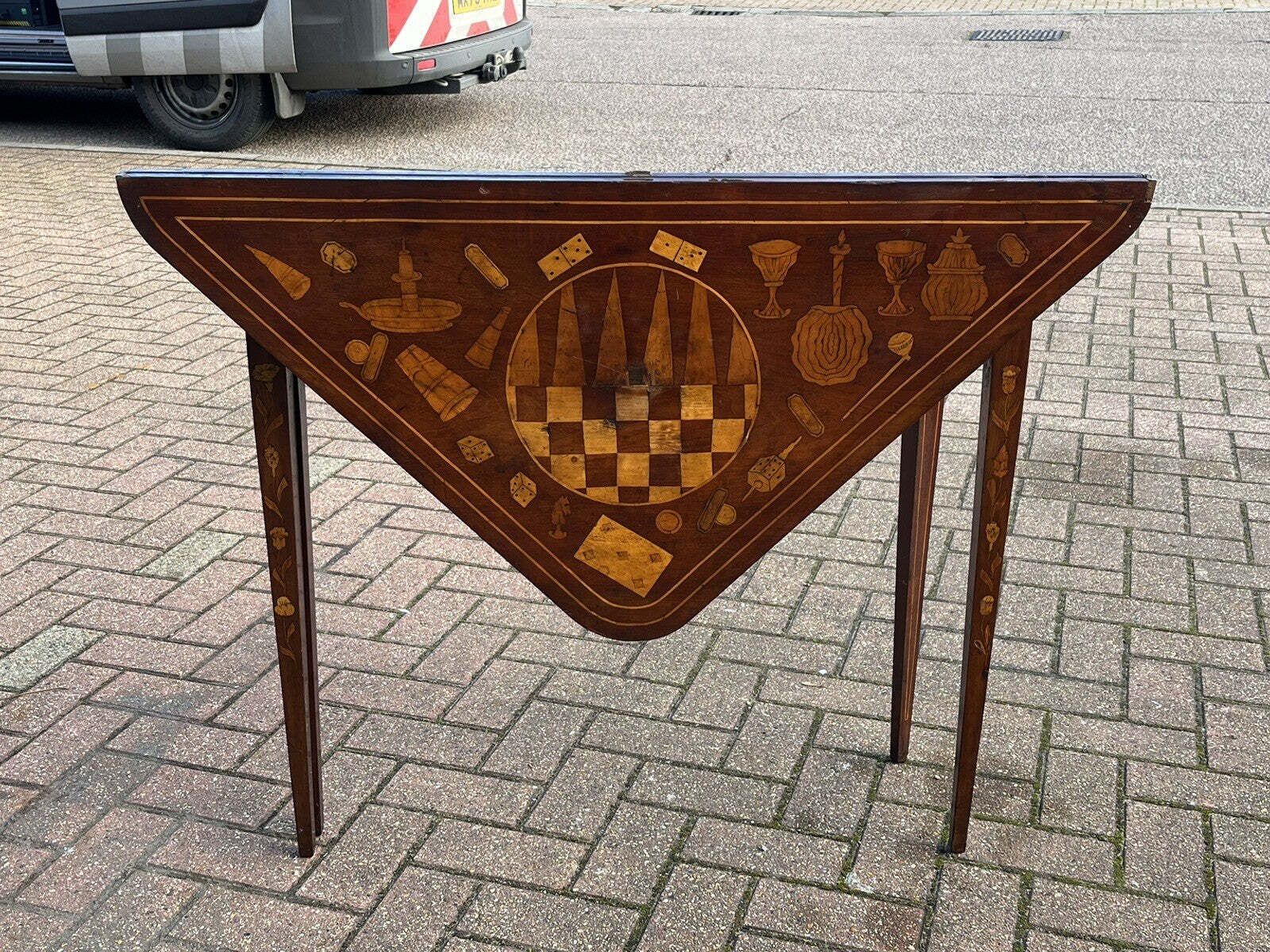Early Dutch Marquetry Games Table With Fold Over Lid And Card Playing Area photo for sale