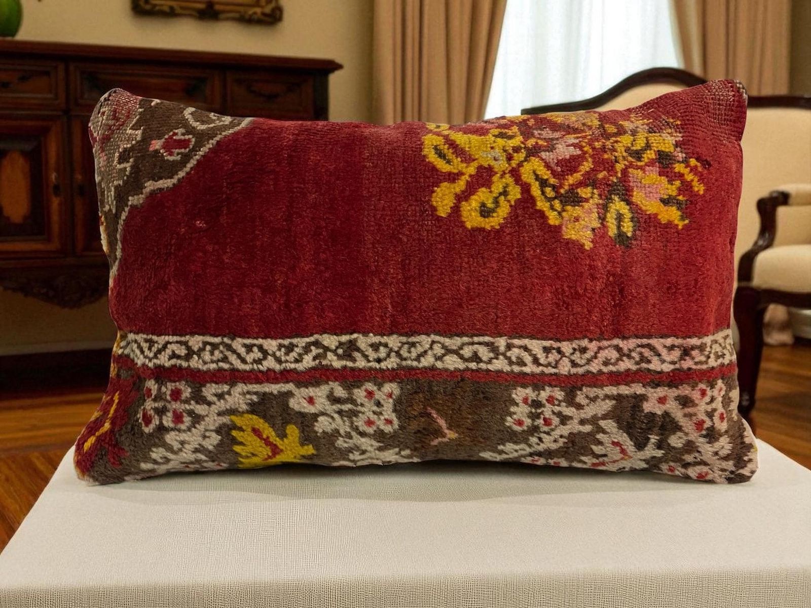 Hand Made Kilim Faced Cushion 12 X 20 Inches, Anatolian Kilim Pillow, Handmade Cushion Cover, Turkish Decor, Home Decor Accent photo for sale