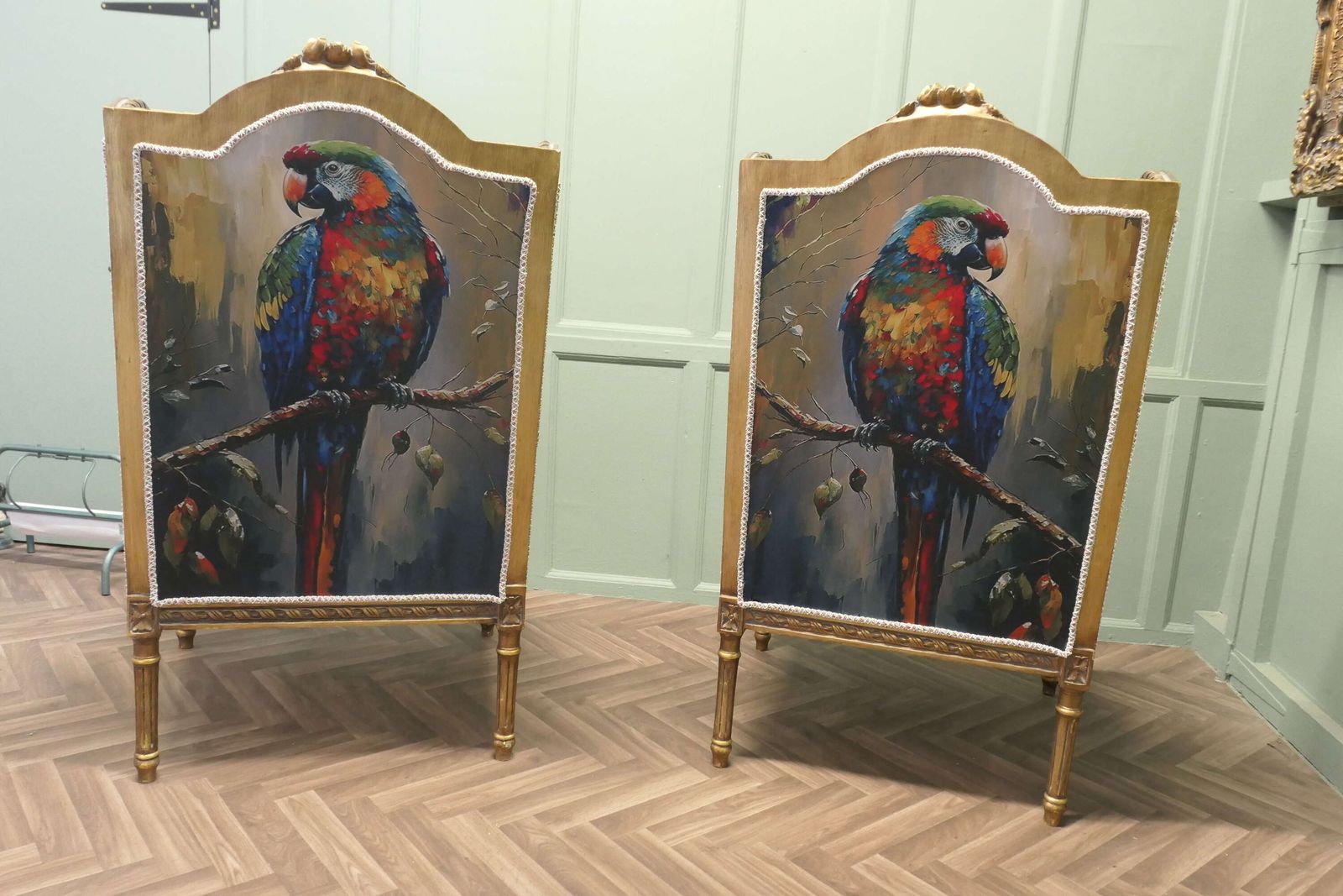 A Pair Of Salon Chairs With Silk Parrot Design photo for sale