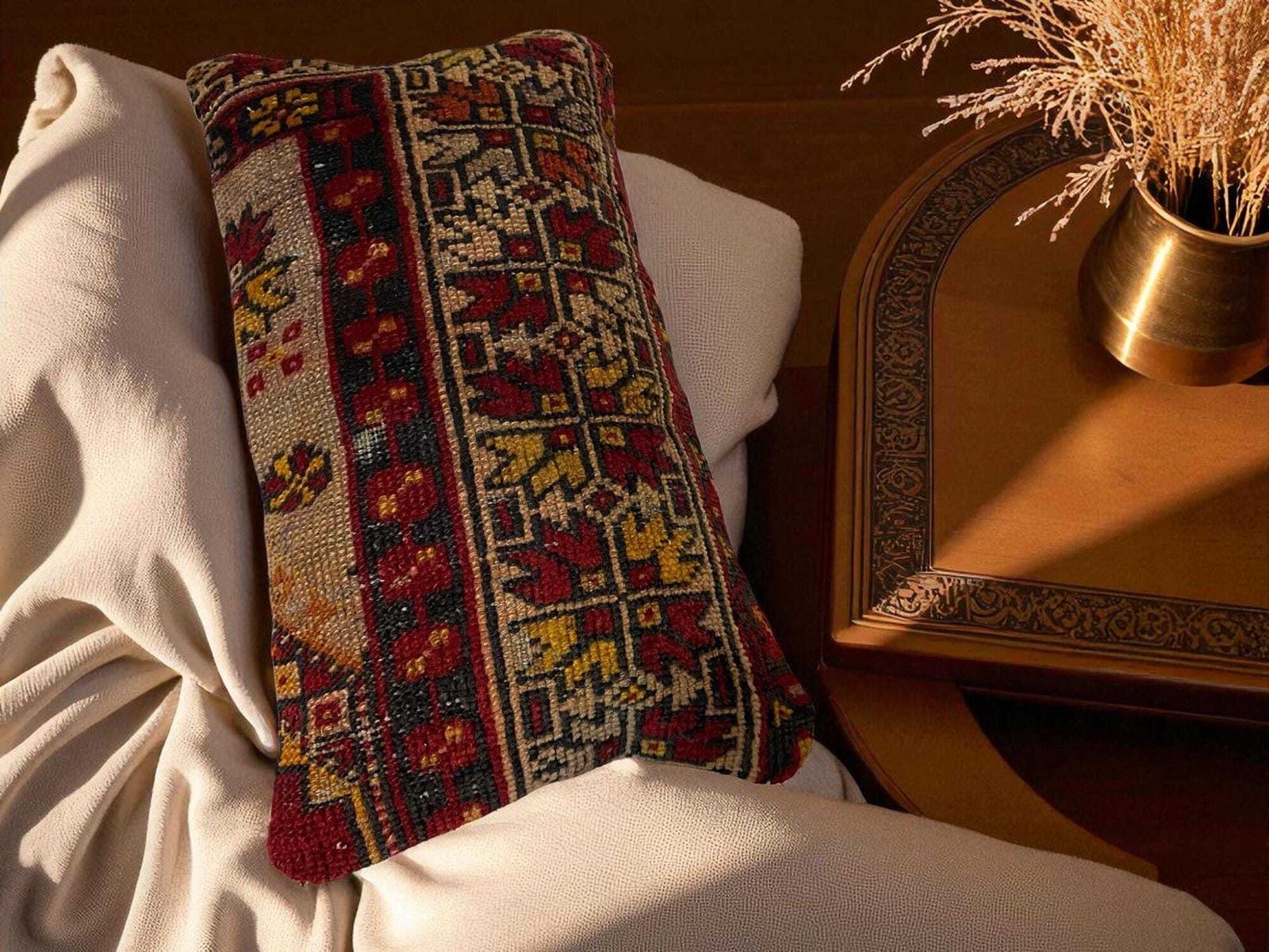 photo for sale Hand Made Kilim Faced Cushion 12 X 20 Inches, Anatolian Kilim Pillow, Handmade Cushion Cover, Turkish Decor, Home Decor Accent
