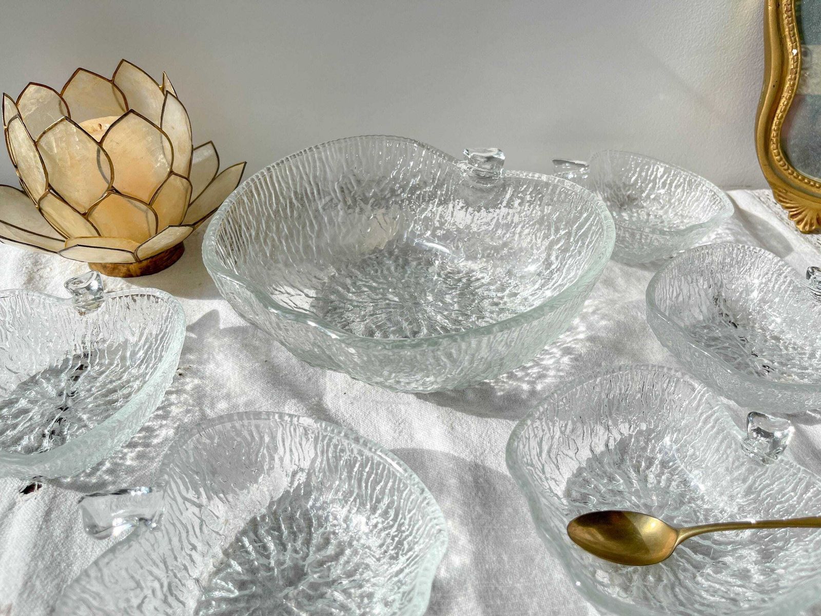 Vintage Glass Dessert Set – 1 Salad Bowl + 5 Matching Bowls – Clear Molded Apple Shaped Glass – Original Retro Tableware photo for sale