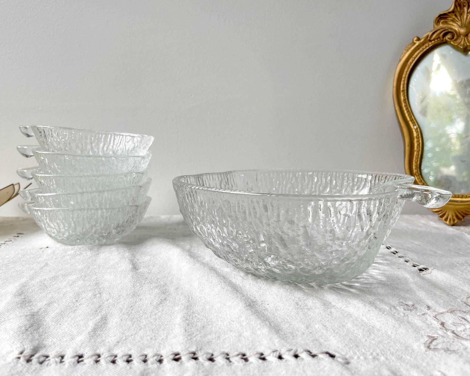 Vintage Glass Dessert Set – 1 Salad Bowl + 5 Matching Bowls – Clear Molded Apple Shaped Glass – Original Retro Tableware photo Home Decor