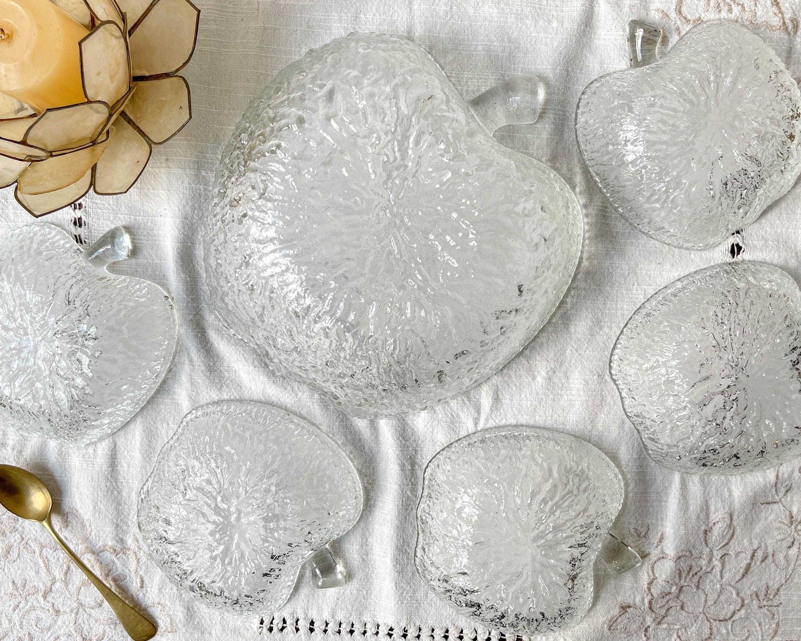 photo for sale Vintage Glass Dessert Set – 1 Salad Bowl + 5 Matching Bowls – Clear Molded Apple Shaped Glass – Original Retro Tableware