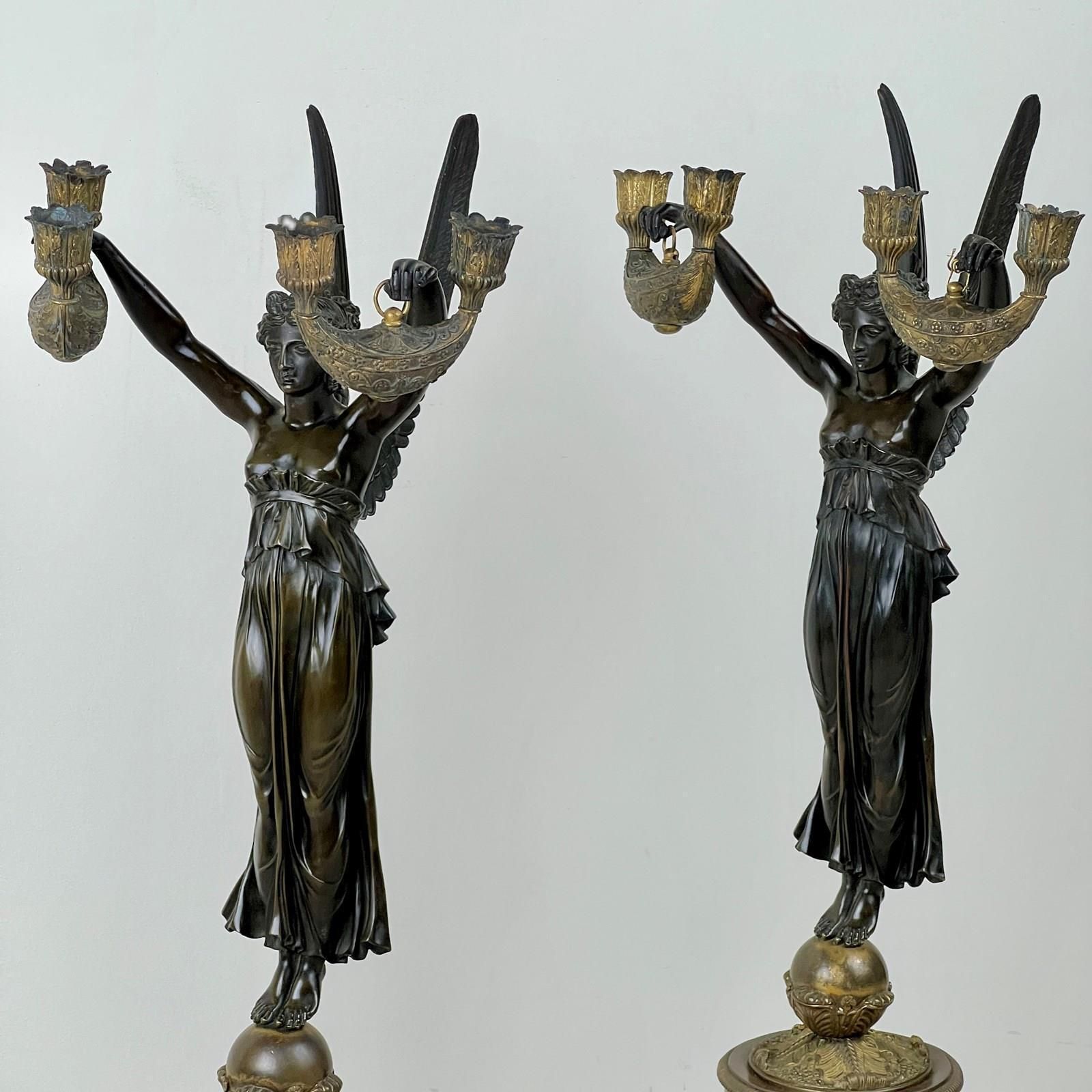 A Pair Of French Empire Patinated Bronze And Marble Candelabra photo Art